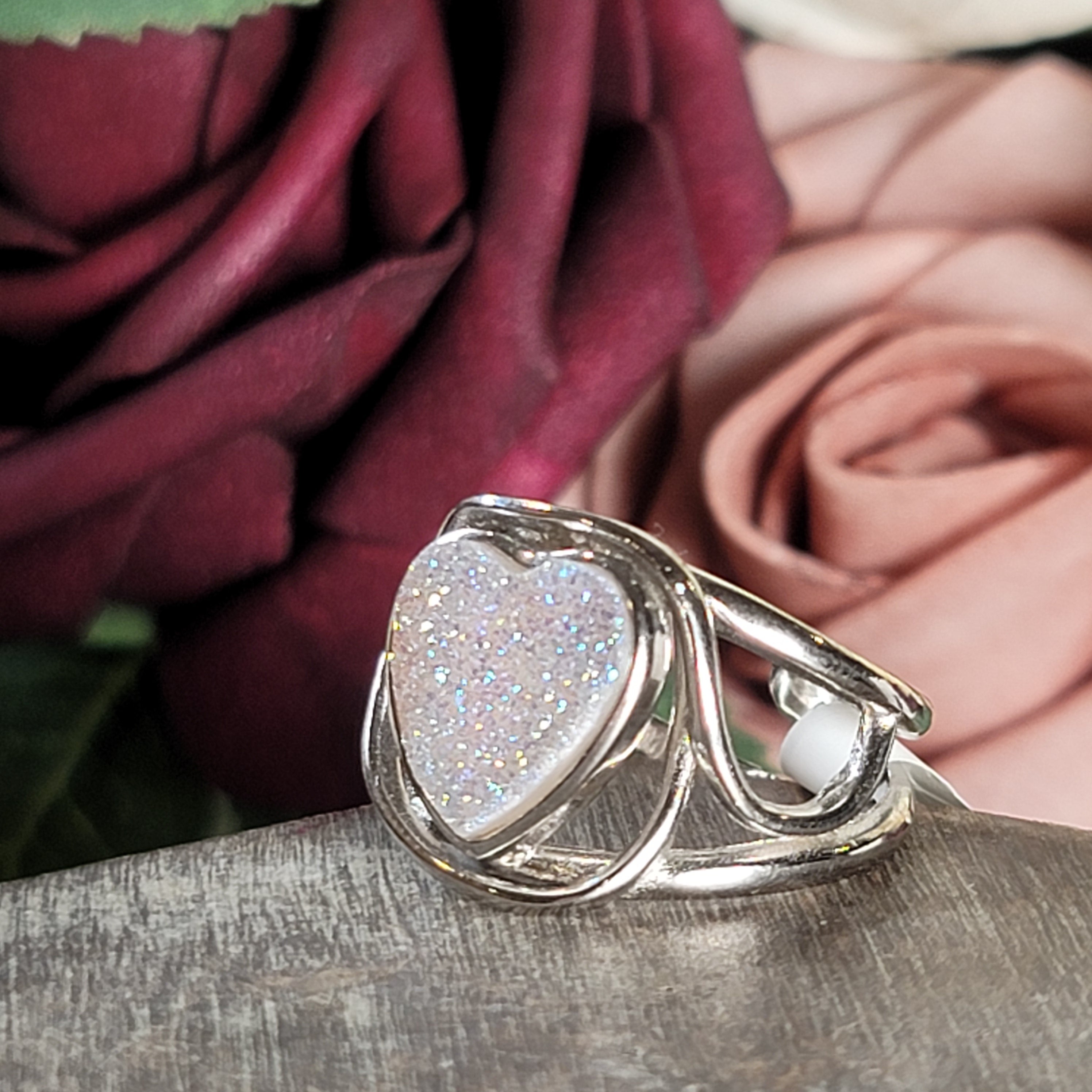 Angel Aura Druzy Quartz Heart Cuff Ring .925 Silver for Connection with Angels and Spirit Guides