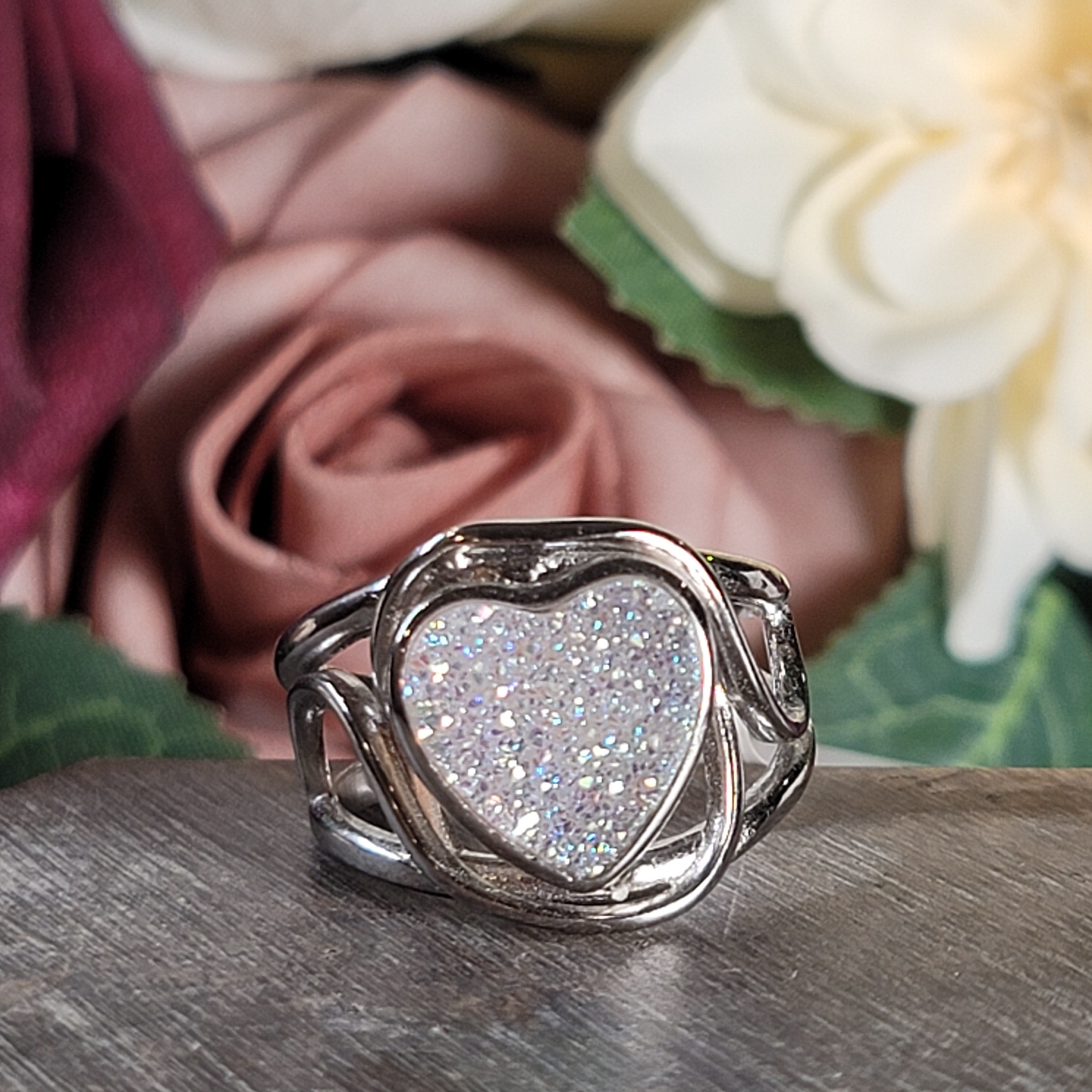 Angel Aura Druzy Quartz Heart Cuff Ring .925 Silver for Connection with Angels and Spirit Guides