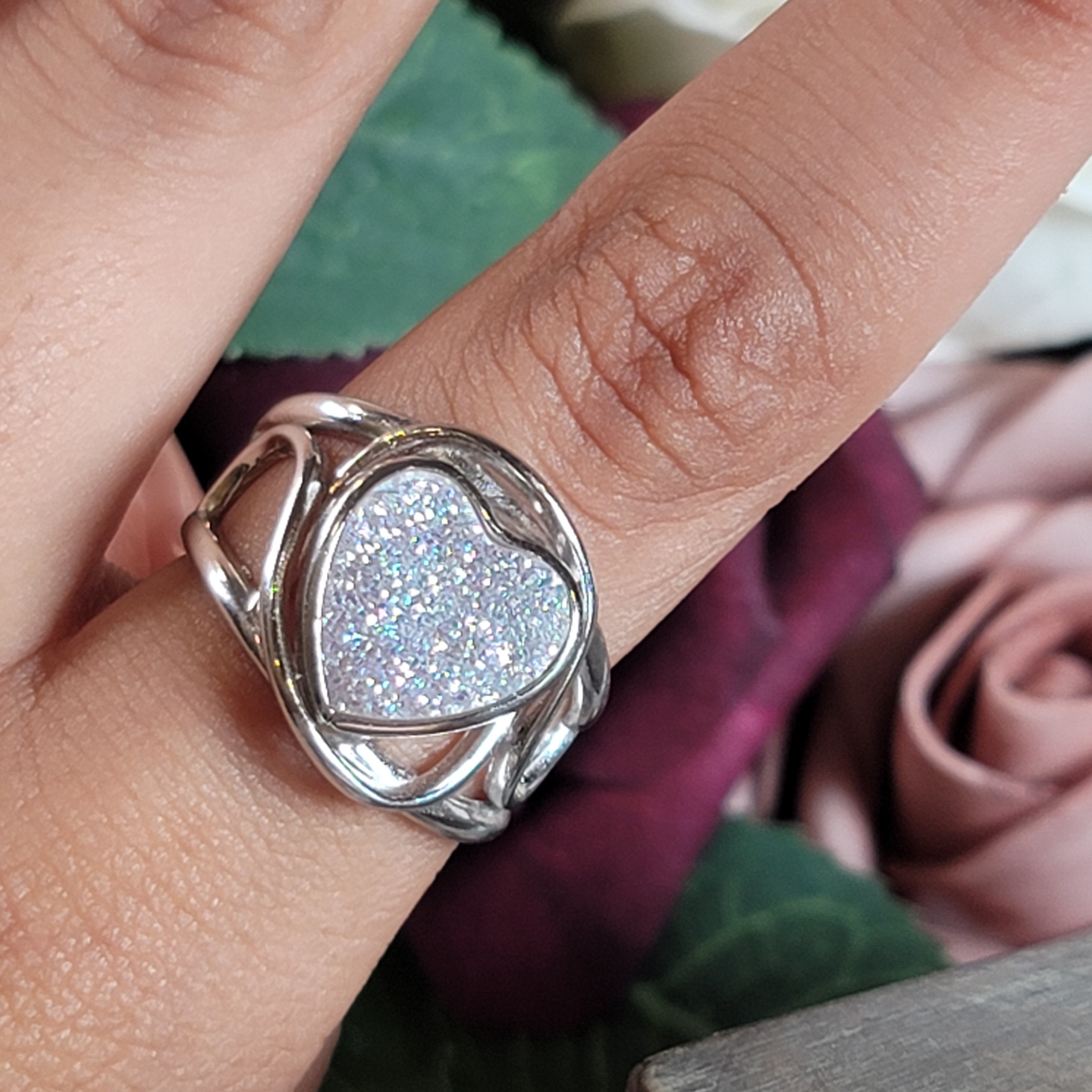 Angel Aura Druzy Quartz Heart Cuff Ring .925 Silver for Connection with Angels and Spirit Guides