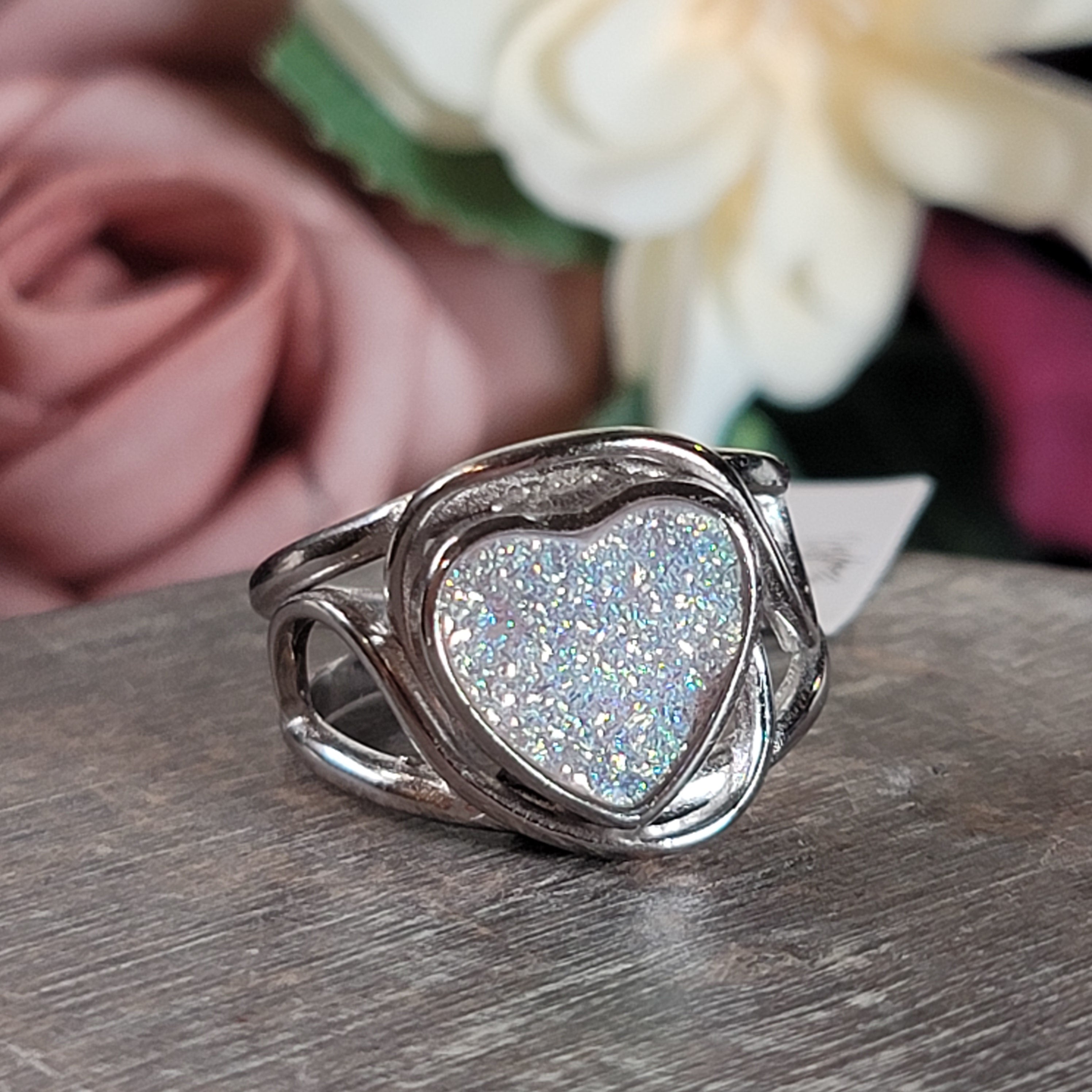 Angel Aura Druzy Quartz Heart Cuff Ring .925 Silver for Connection with Angels and Spirit Guides