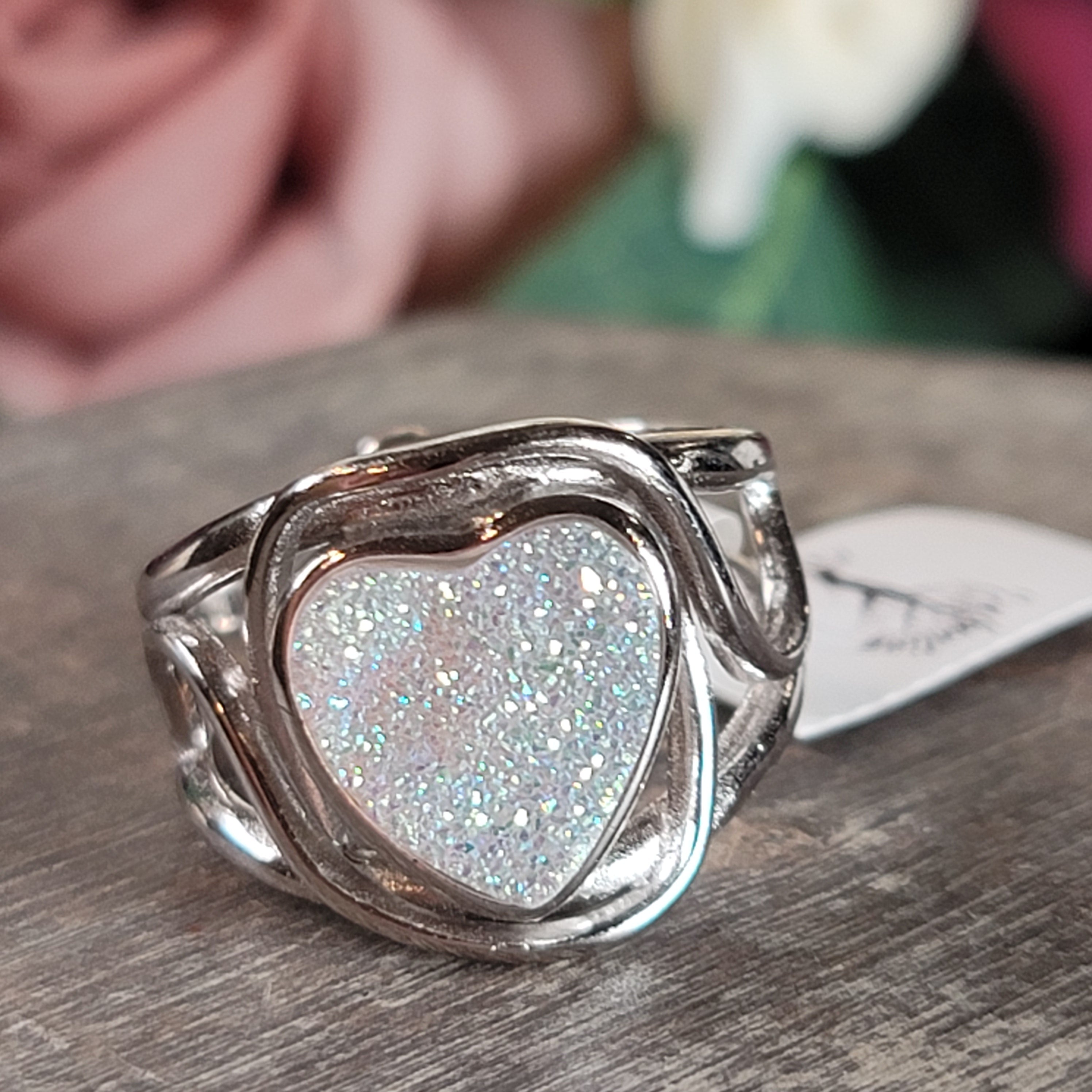 Angel Aura Druzy Quartz Heart Cuff Ring .925 Silver for Connection with Angels and Spirit Guides