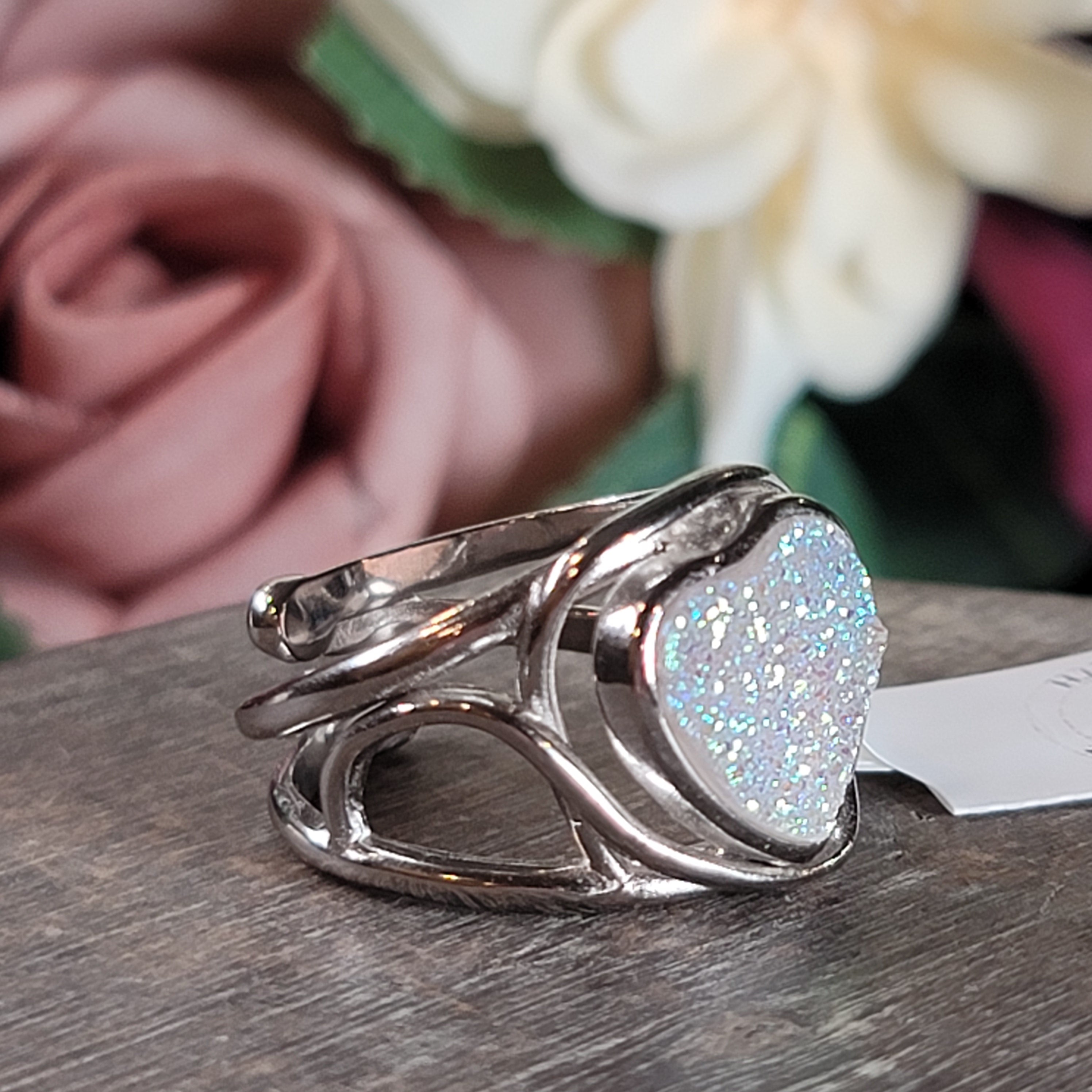 Angel Aura Druzy Quartz Heart Cuff Ring .925 Silver for Connection with Angels and Spirit Guides