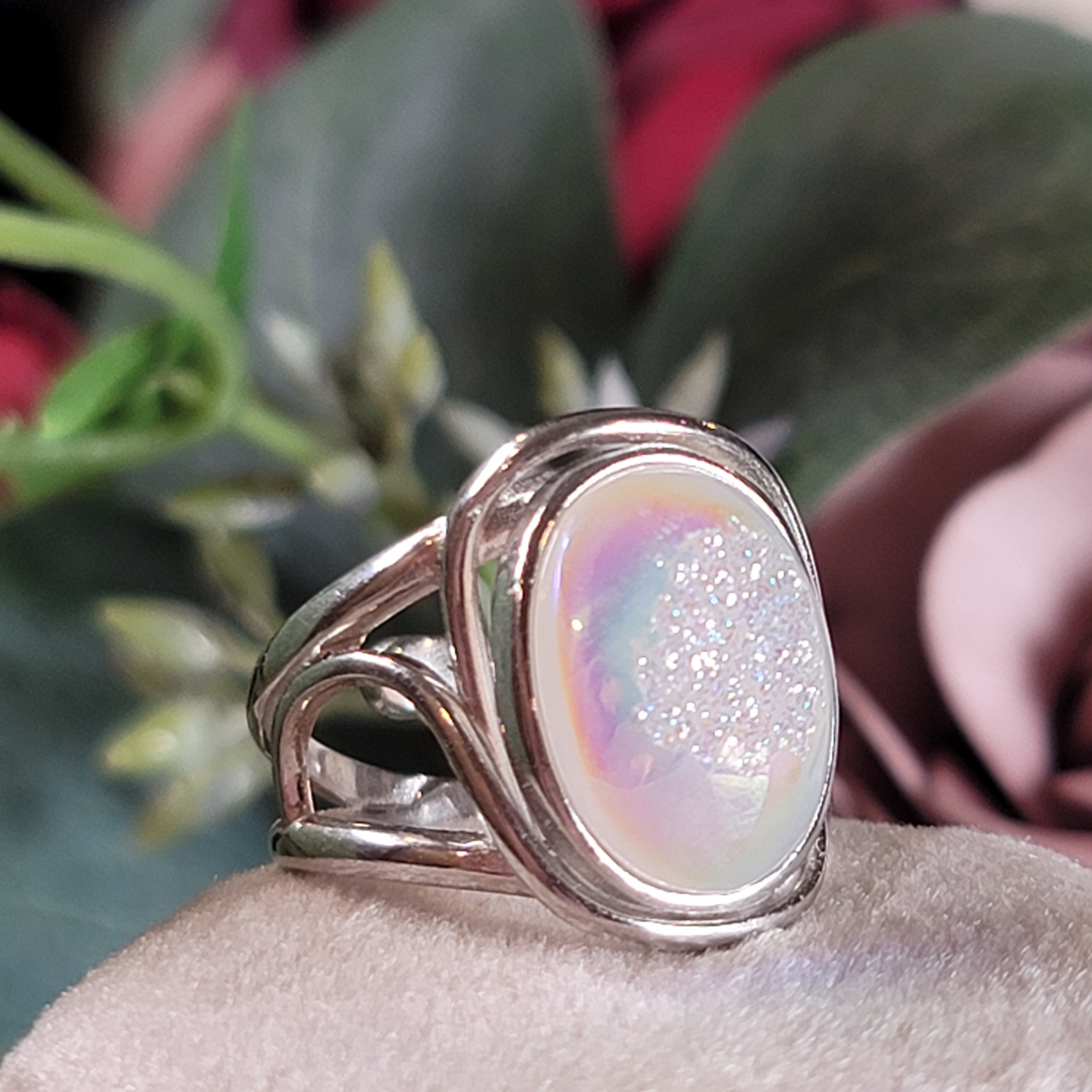 Angel Aura Druzy Quartz Cuff Ring .925 Silver for Connection with Angels and Spirit Guides