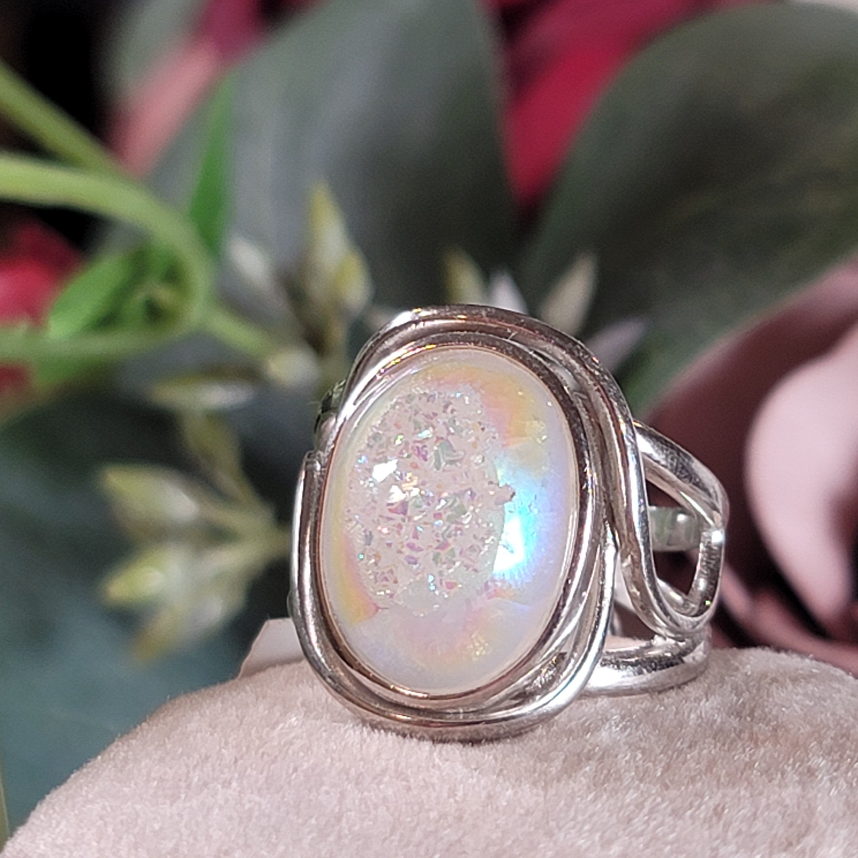 Angel Aura Druzy Quartz Cuff Ring .925 Silver for Connection with Angels and Spirit Guides