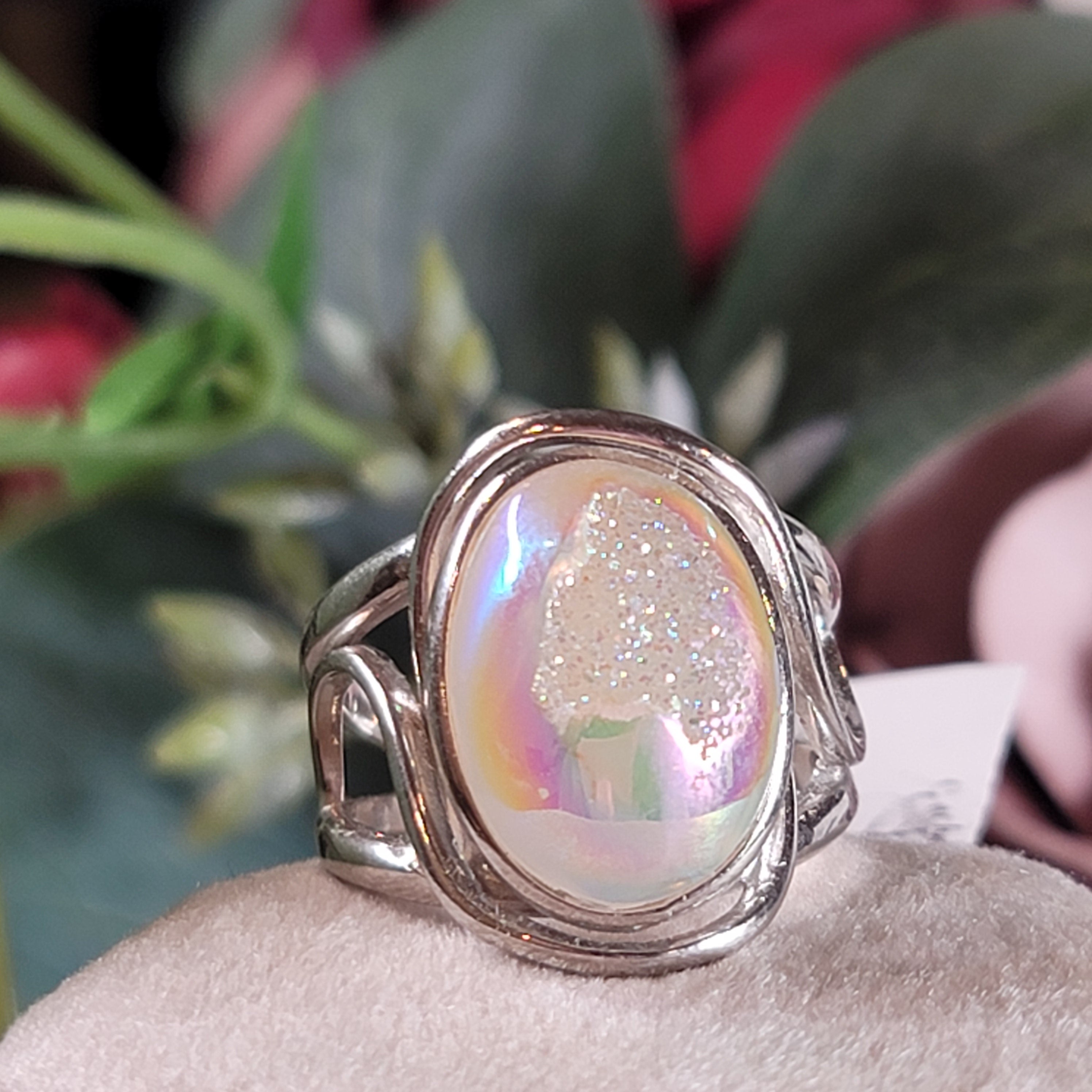 Angel Aura Druzy Quartz Cuff Ring .925 Silver for Connection with Angels and Spirit Guides