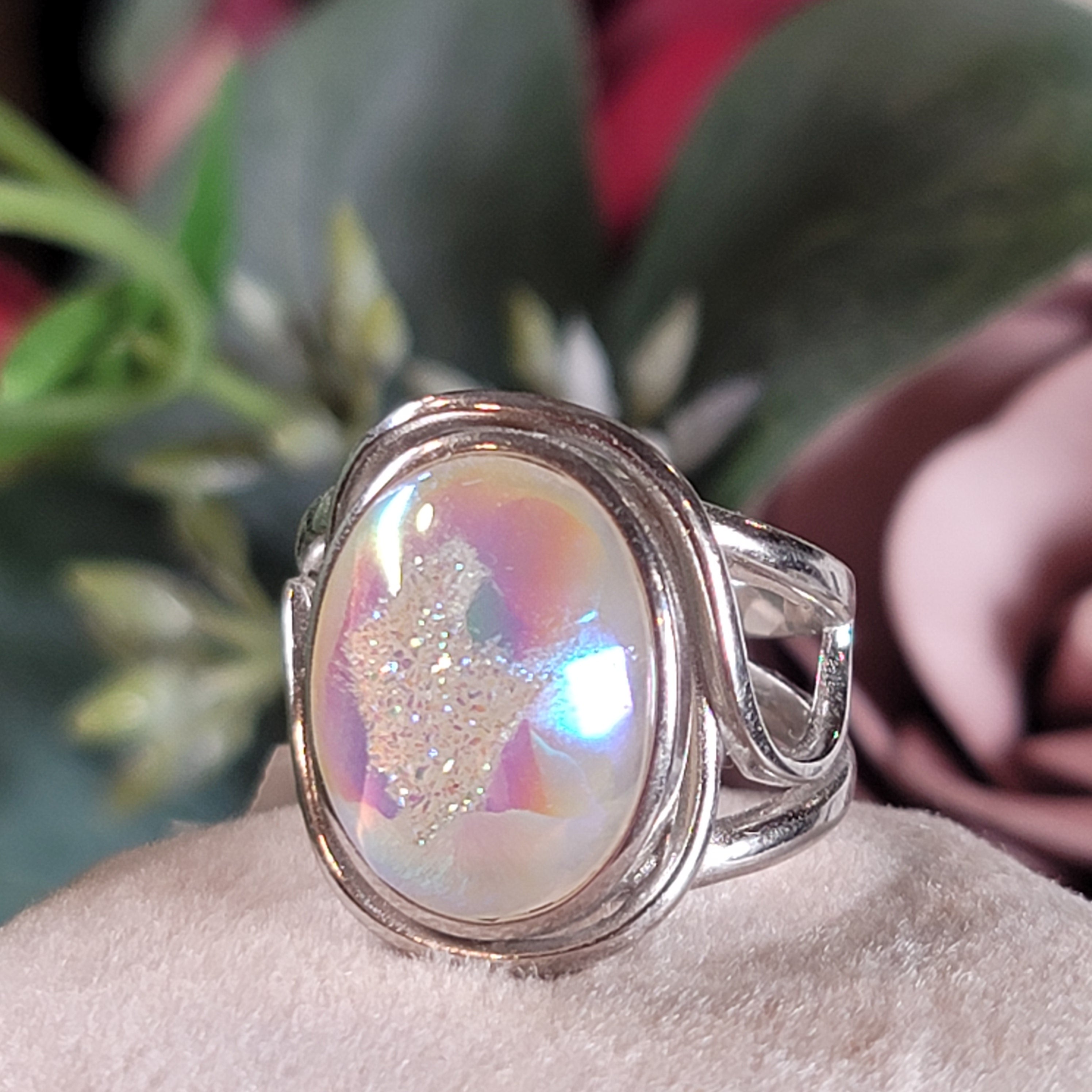 Angel Aura Druzy Quartz Cuff Ring .925 Silver for Connection with Angels and Spirit Guides