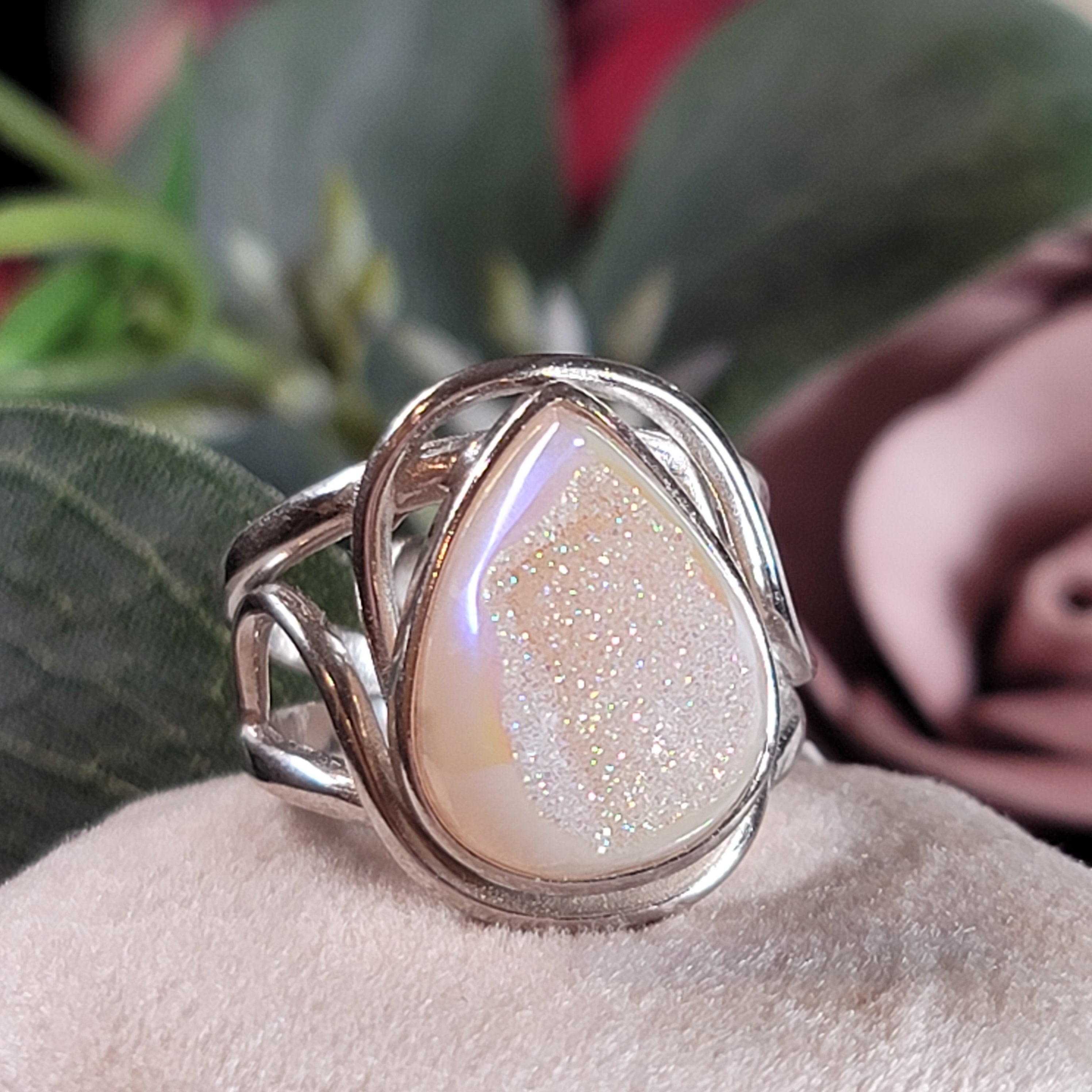 Angel Aura Druzy Quartz Cuff Ring .925 Silver for Connection with Angels and Spirit Guides