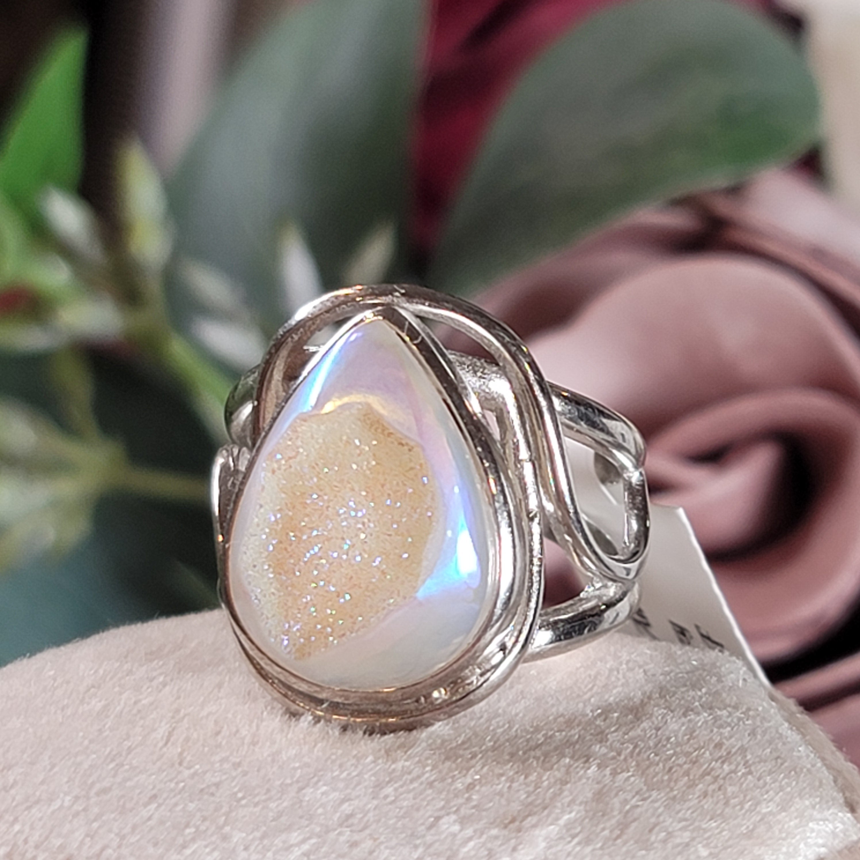 Angel Aura Druzy Quartz Cuff Ring .925 Silver for Connection with Angels and Spirit Guides