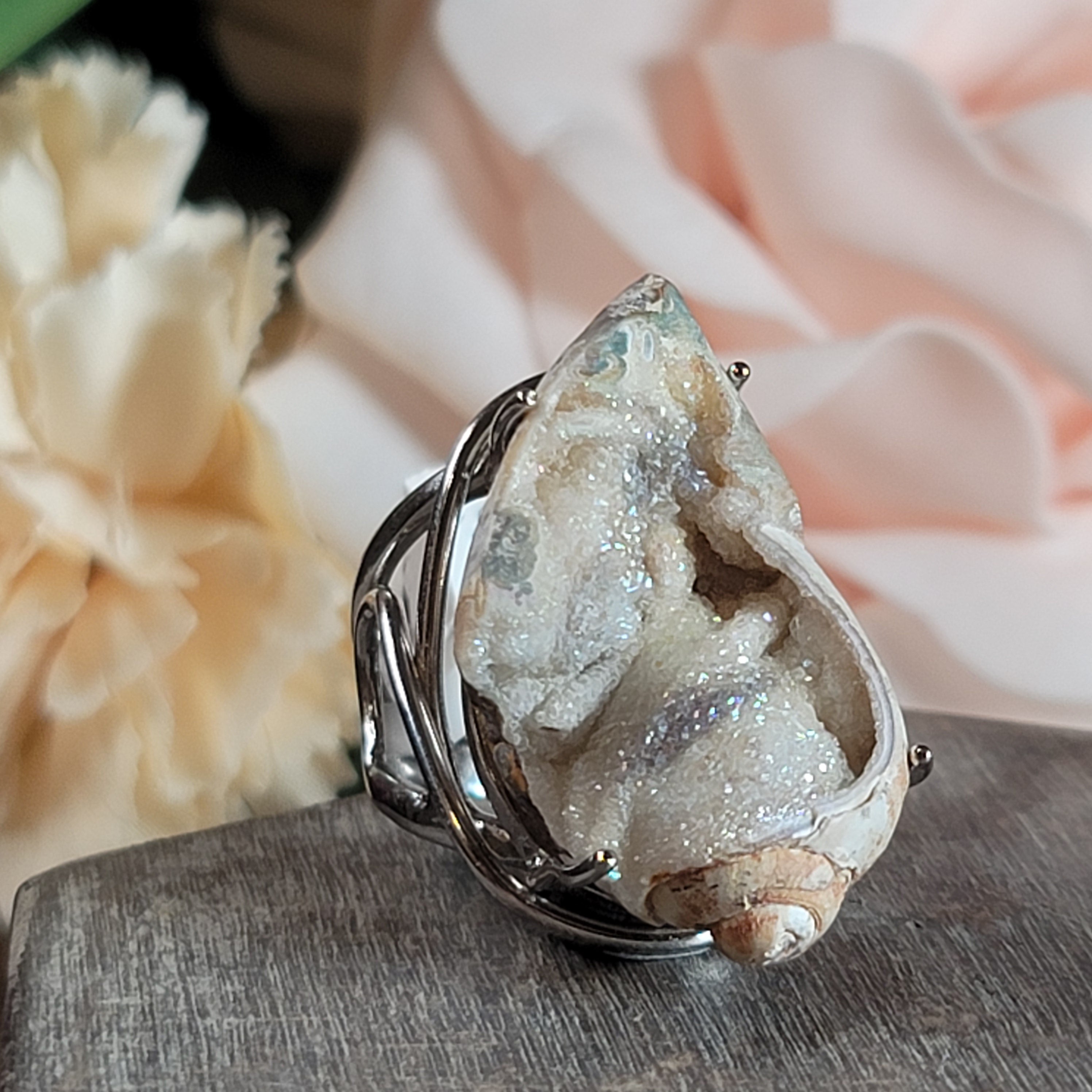 Aura Druzy Quartz Shell Cuff Ring .925 Silver for Connection with Angels and Spirit Guides