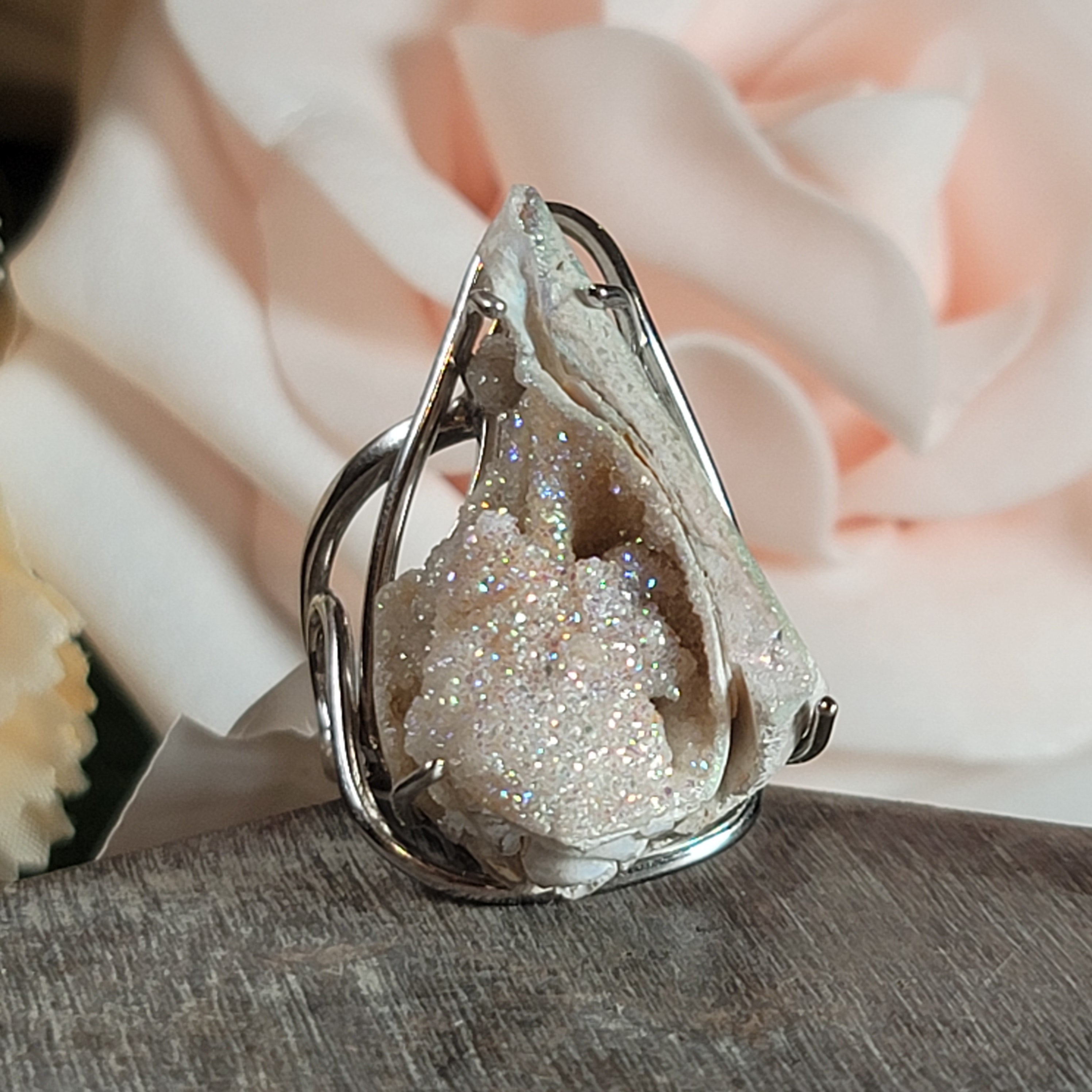 Aura Druzy Quartz Shell Cuff Ring .925 Silver for Connection with Angels and Spirit Guides