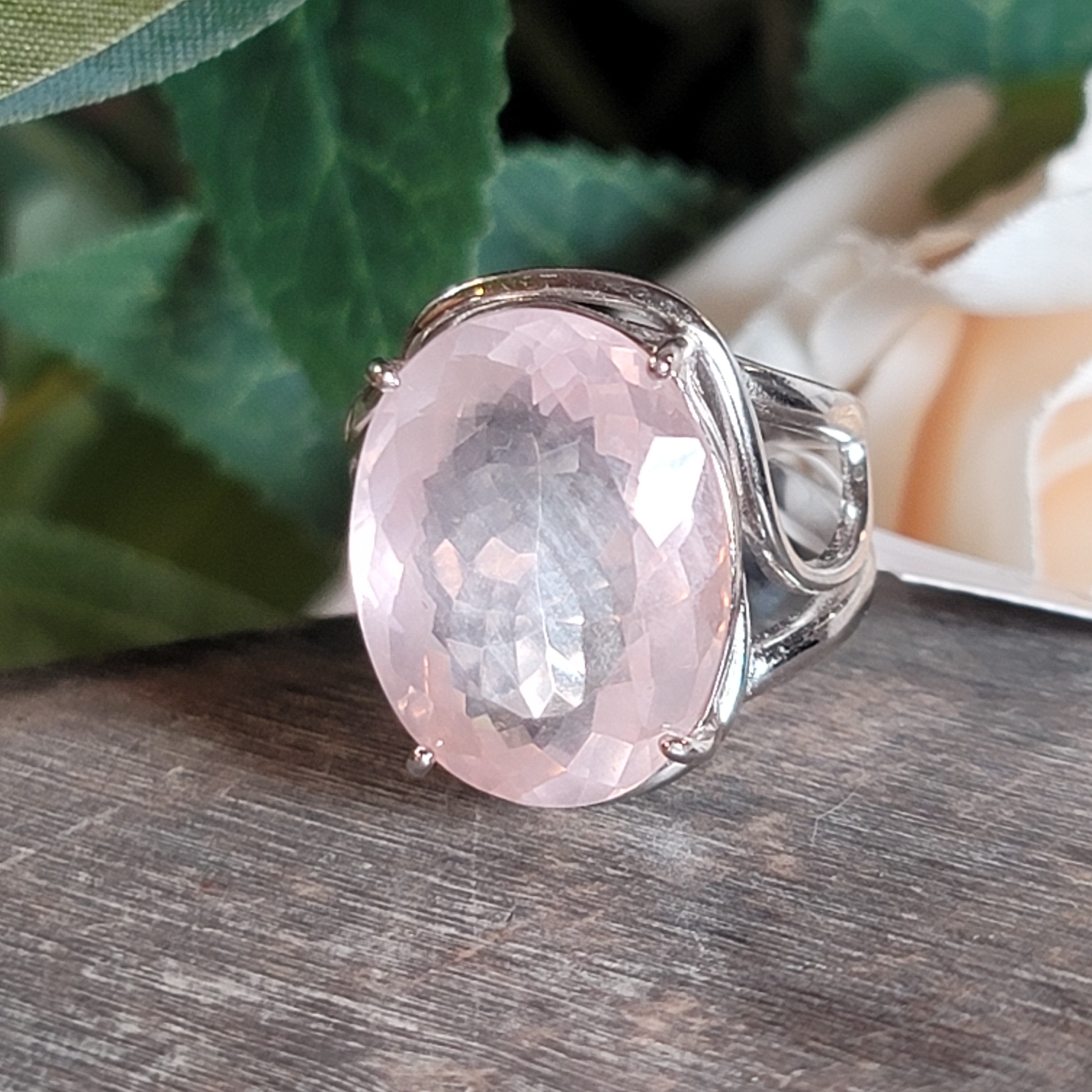 Rose Quartz Finger Cuff Adjustable Ring .925 Silver for Compassion and Self Love