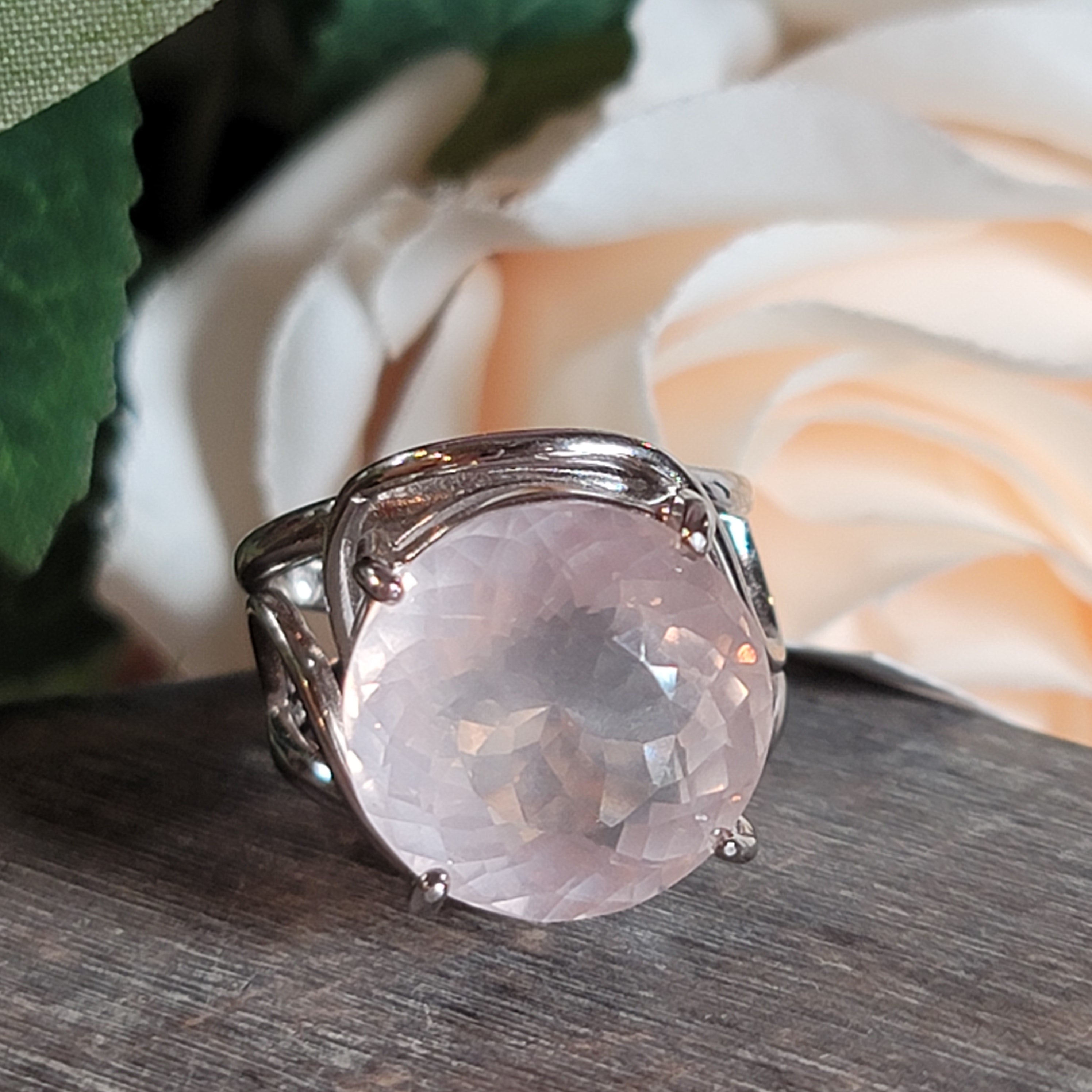 Rose Quartz Finger Cuff Adjustable Ring .925 Silver for Compassion and Self Love