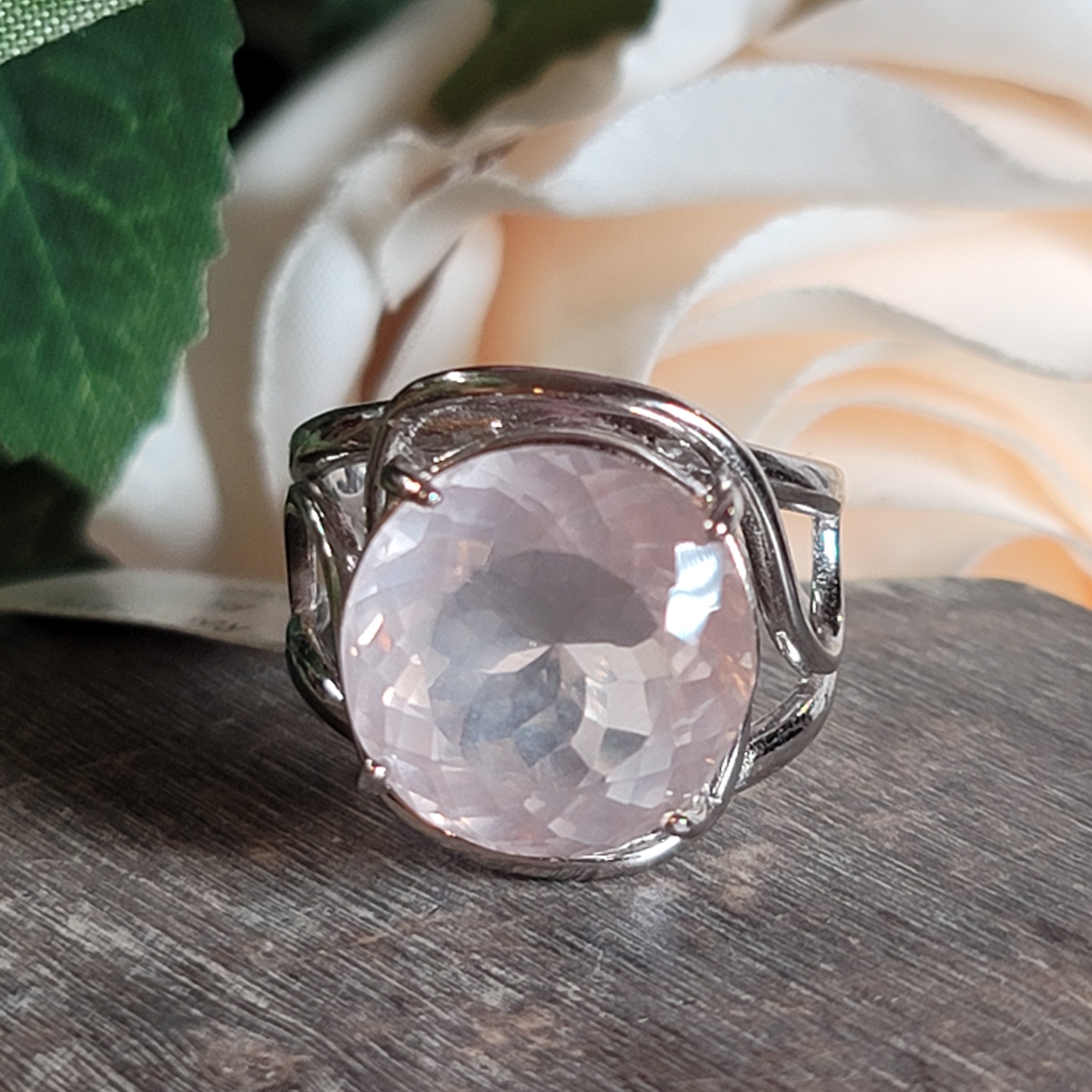 Rose Quartz Finger Cuff Adjustable Ring .925 Silver for Compassion and Self Love