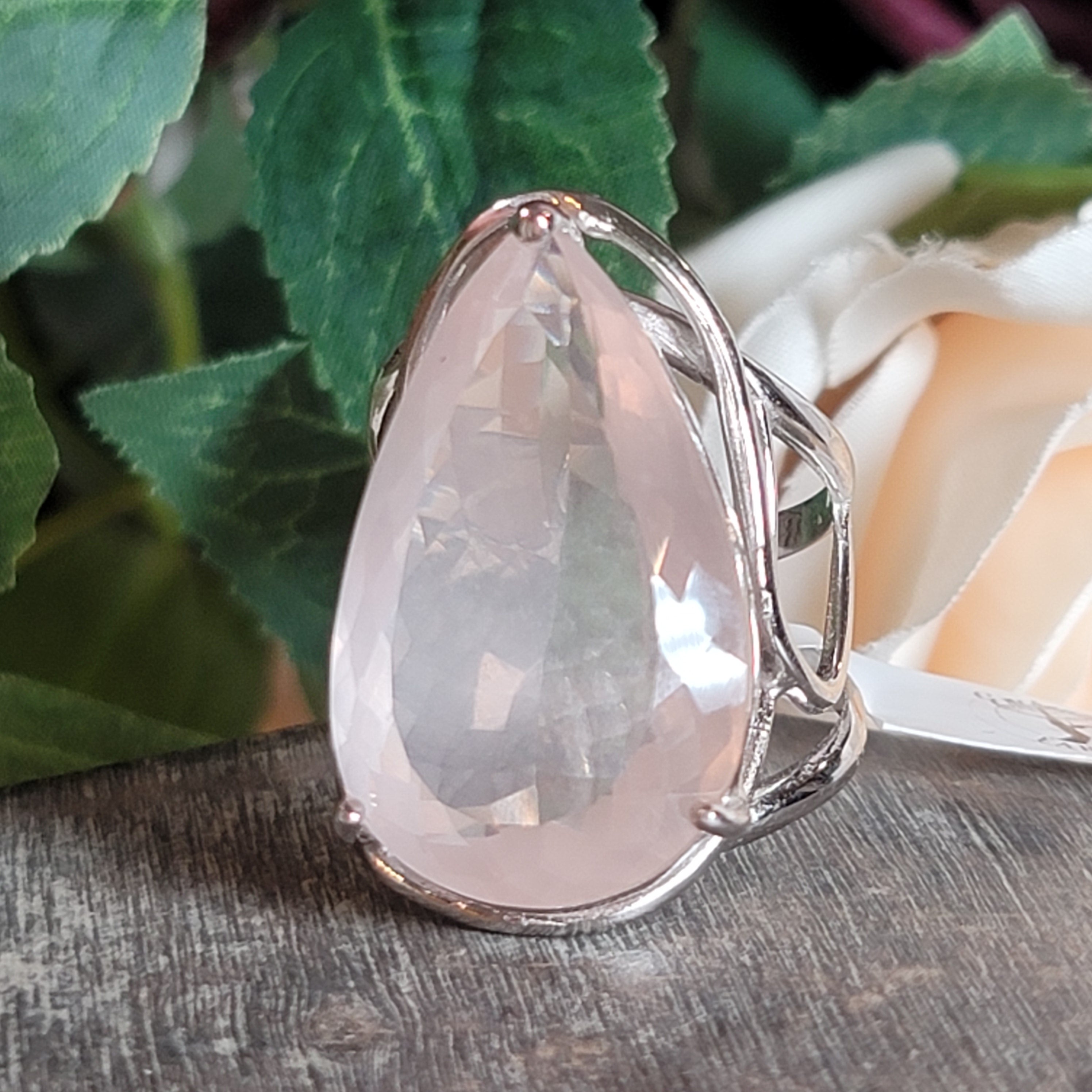 Rose Quartz Finger Cuff Adjustable Ring .925 Silver for Compassion and Self Love