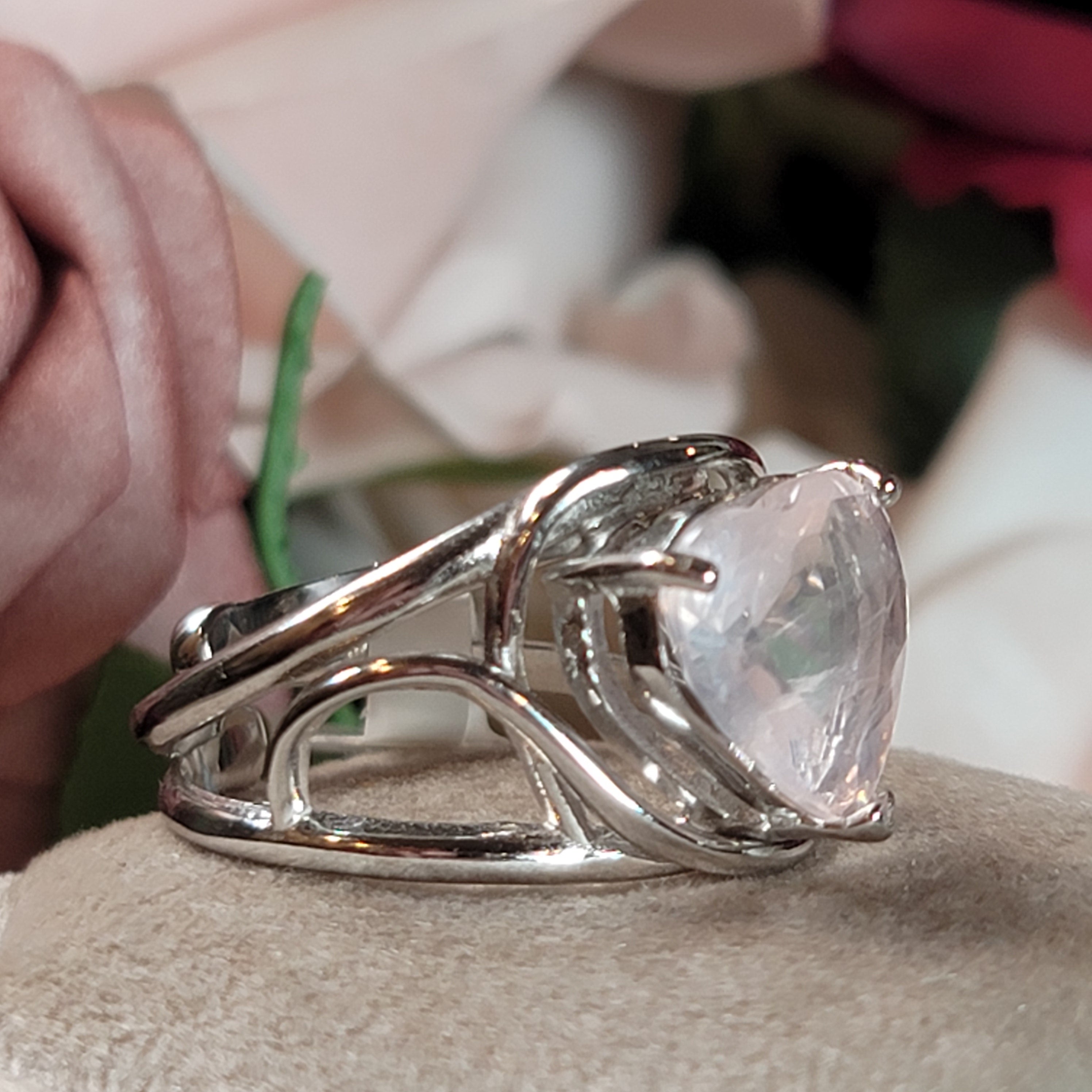 Cuff Heart Rings Rose Quartz Heart Finger Cuff Adjustable Ring .925 Silver for Compassi ...