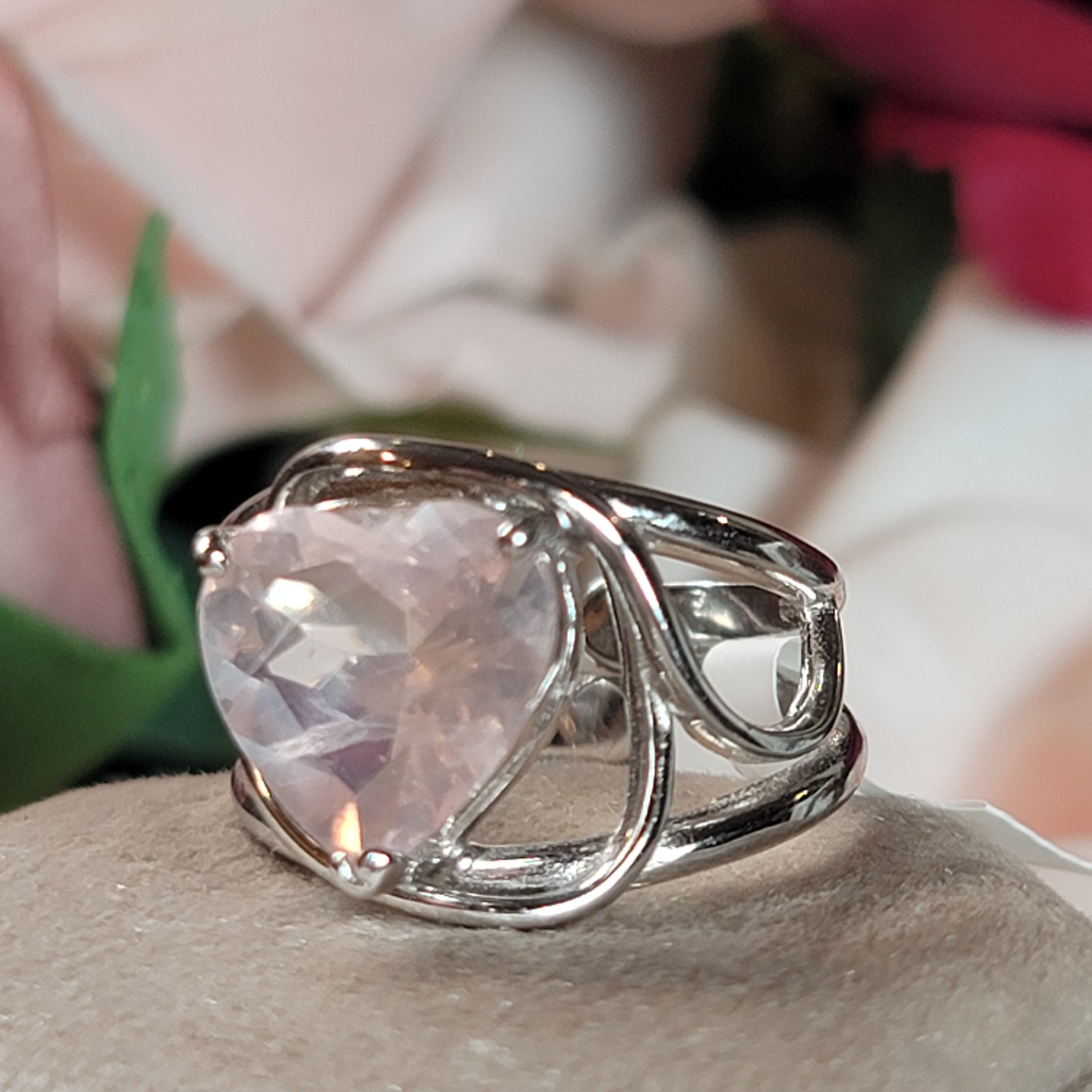 Rose Quartz Heart Finger Cuff Adjustable Ring .925 Silver for Compassion and Self Love