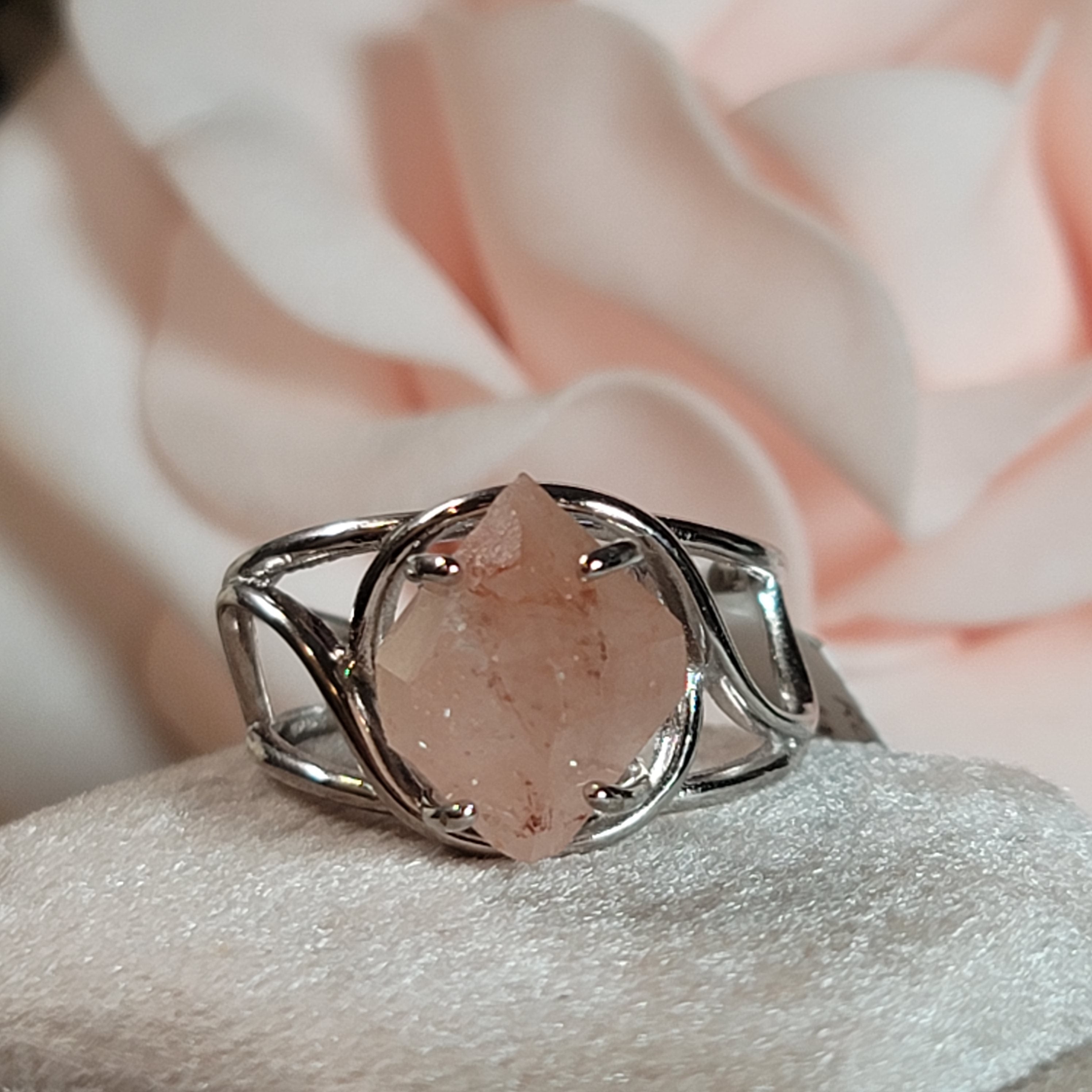 Rose Quartz DT Finger Cuff Adjustable Ring .925 Silver for Compassion and Self Love