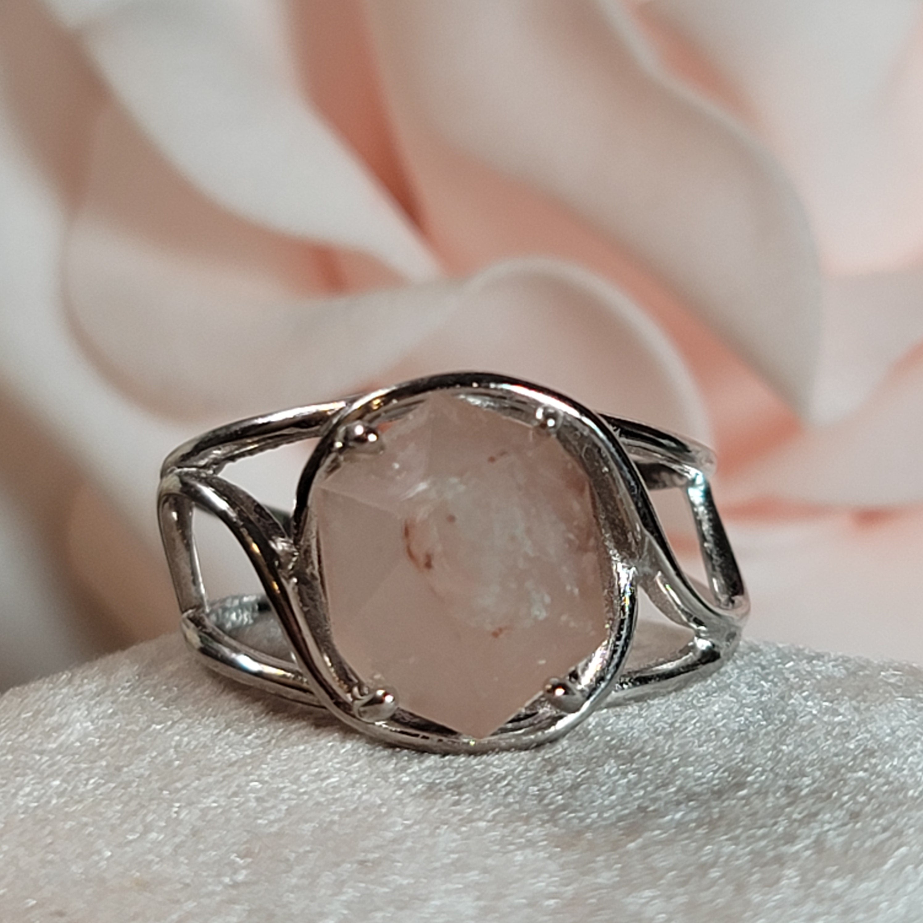 Rose Quartz DT Finger Cuff Adjustable Ring .925 Silver for Compassion and Self Love