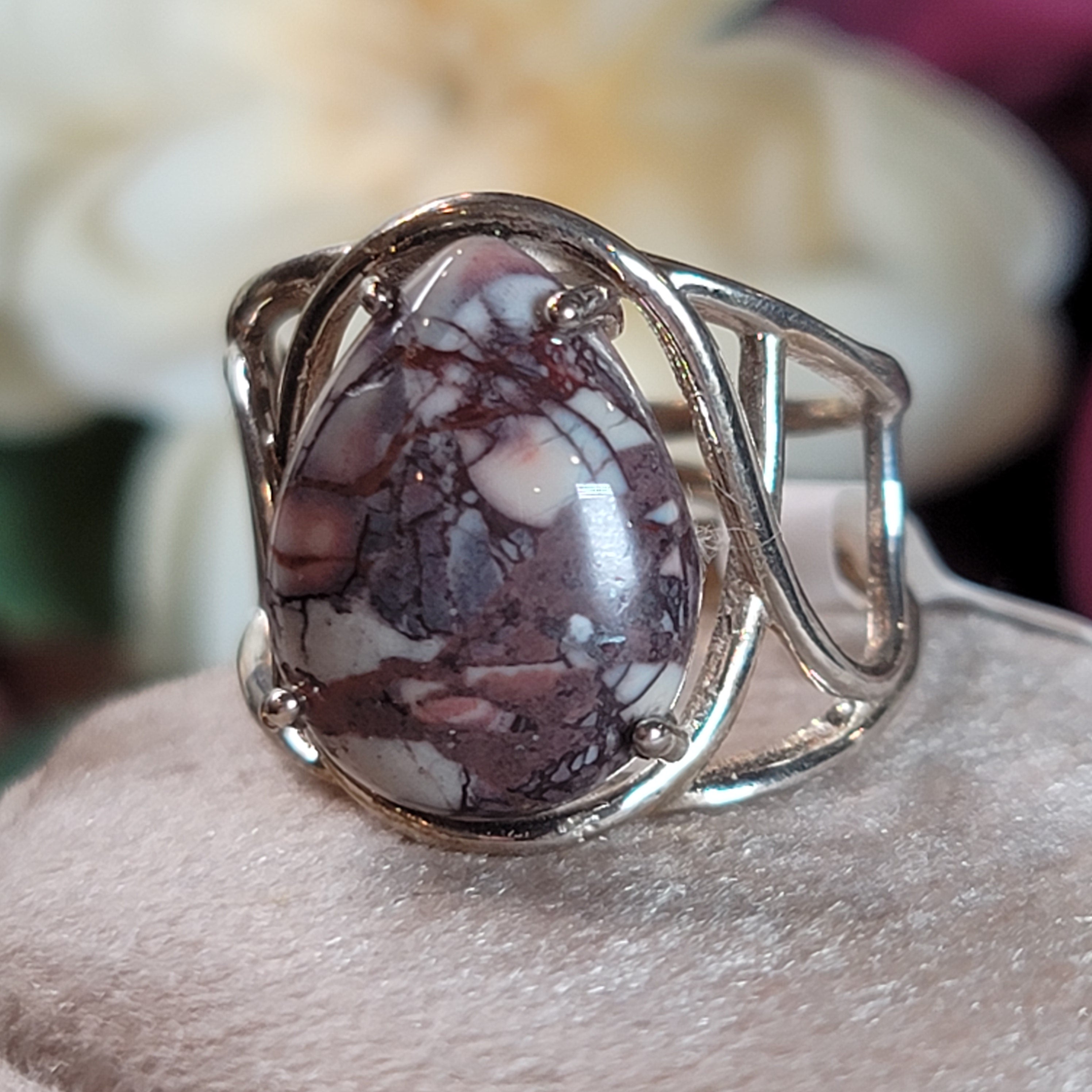 Porcelain Jasper Cuff Ring .925 Silver for Emotional Protection and Nurturing