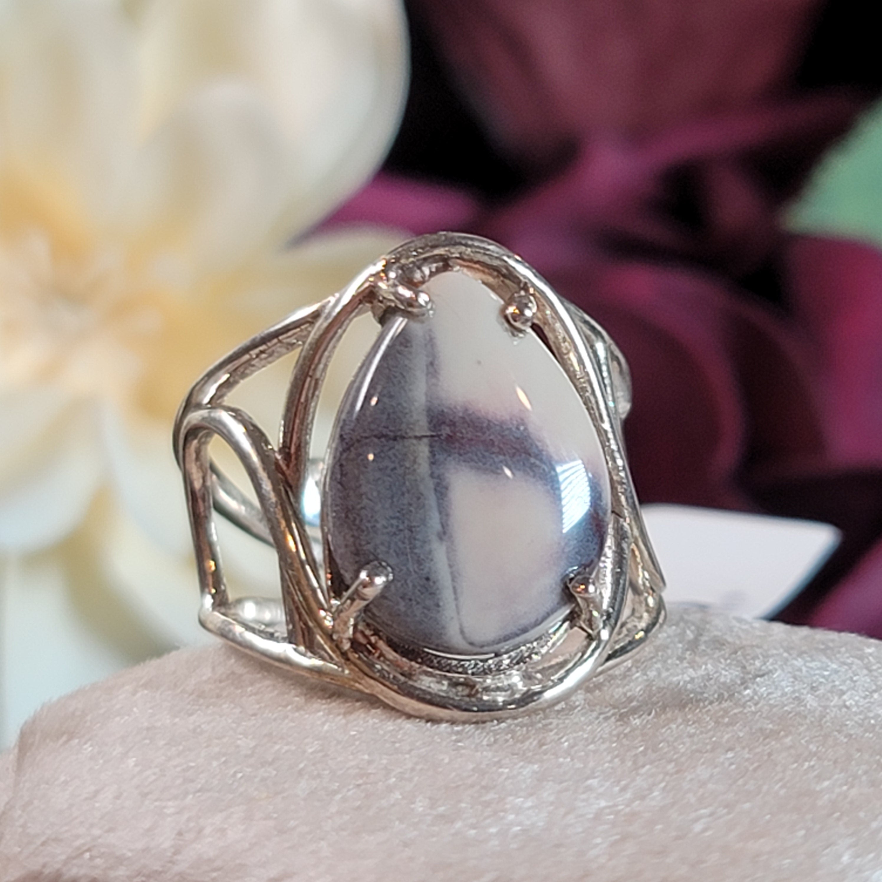 Porcelain Jasper Cuff Ring .925 Silver for Emotional Protection and Nurturing