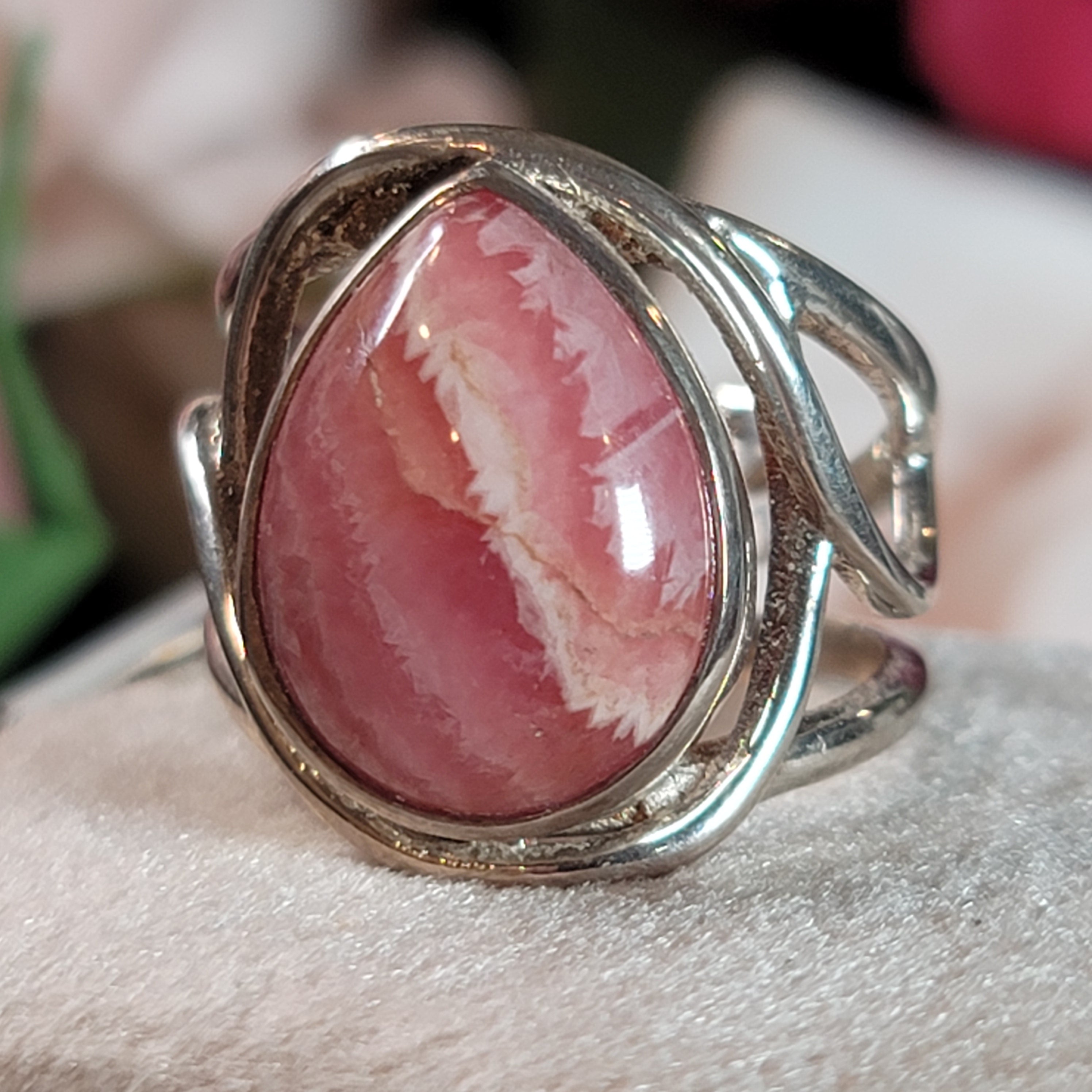 Rhodochrosite Adjustable Cuff Ring .925 Silver for Emotional and Trauma Healing