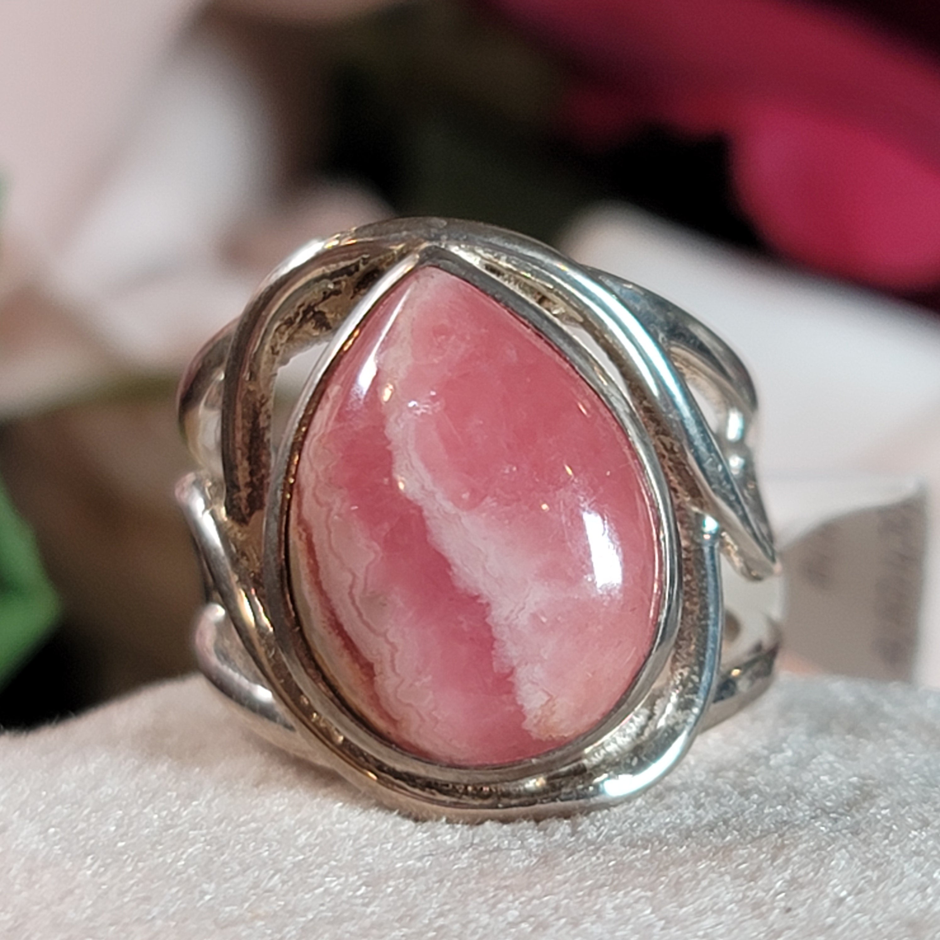 Rhodochrosite Adjustable Cuff Ring .925 Silver for Emotional and Trauma Healing