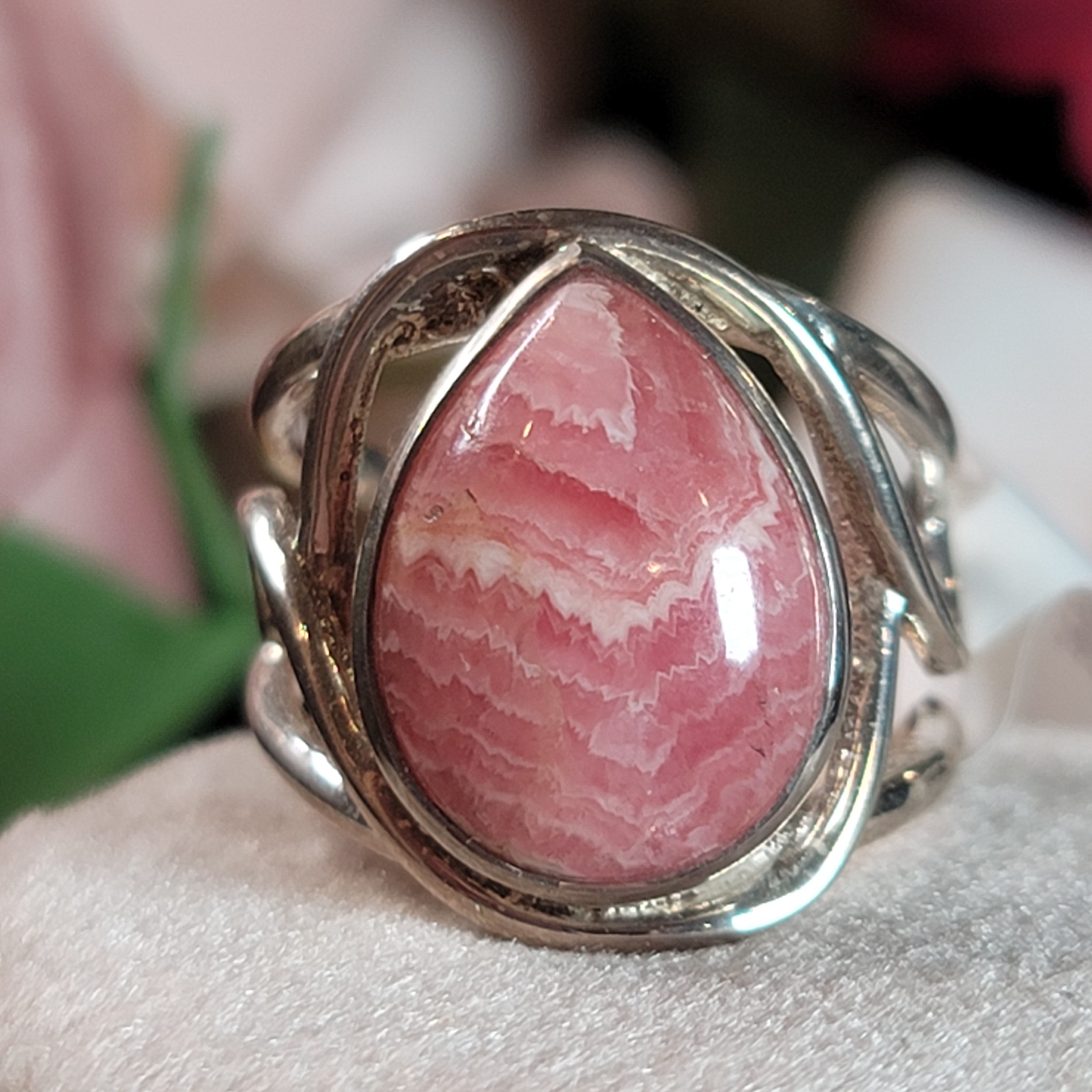 Rhodochrosite Adjustable Cuff Ring .925 Silver for Emotional and Trauma Healing