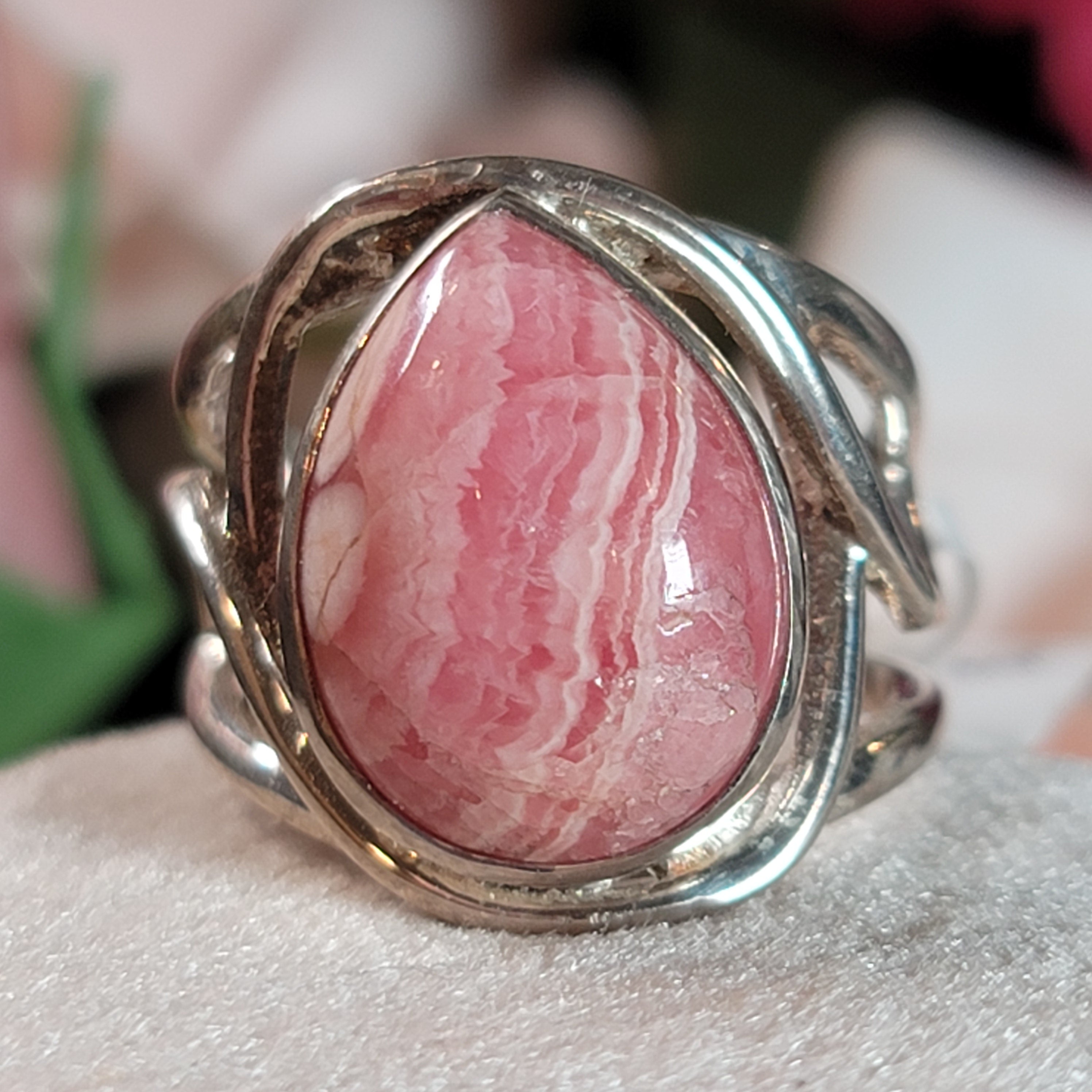 Rhodochrosite Adjustable Cuff Ring .925 Silver for Emotional and Trauma Healing