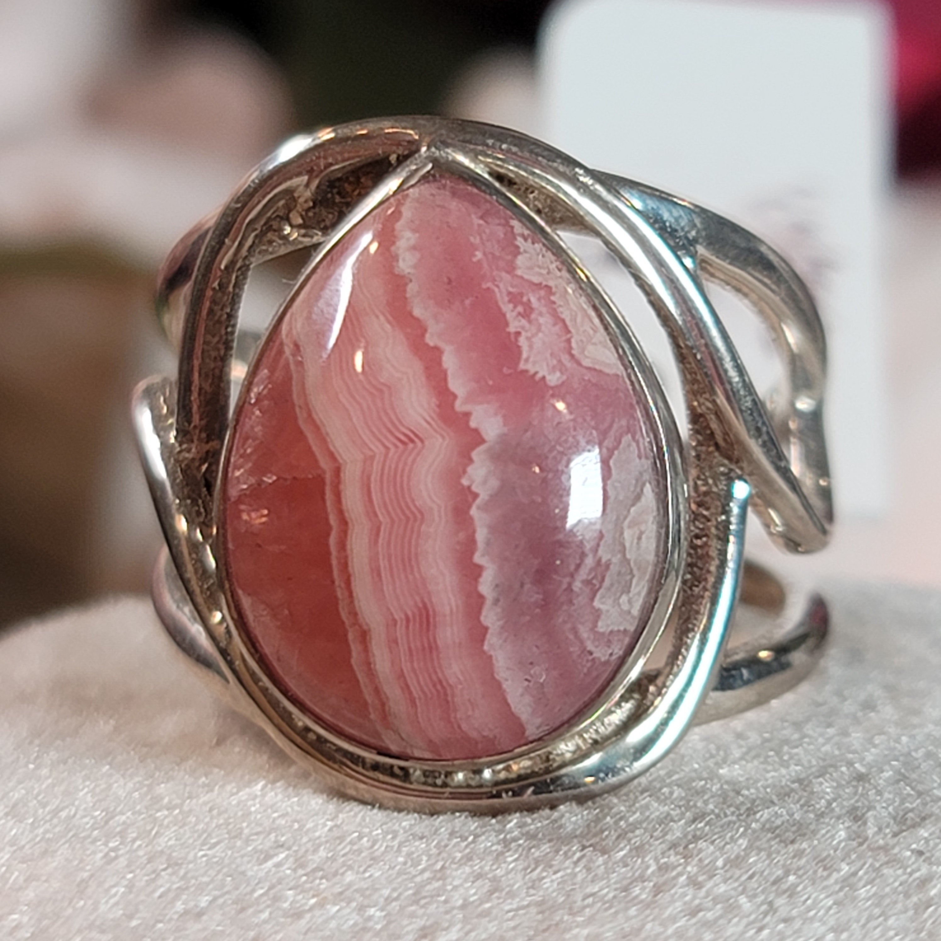 Rhodochrosite Adjustable Cuff Ring .925 Silver for Emotional and Trauma Healing