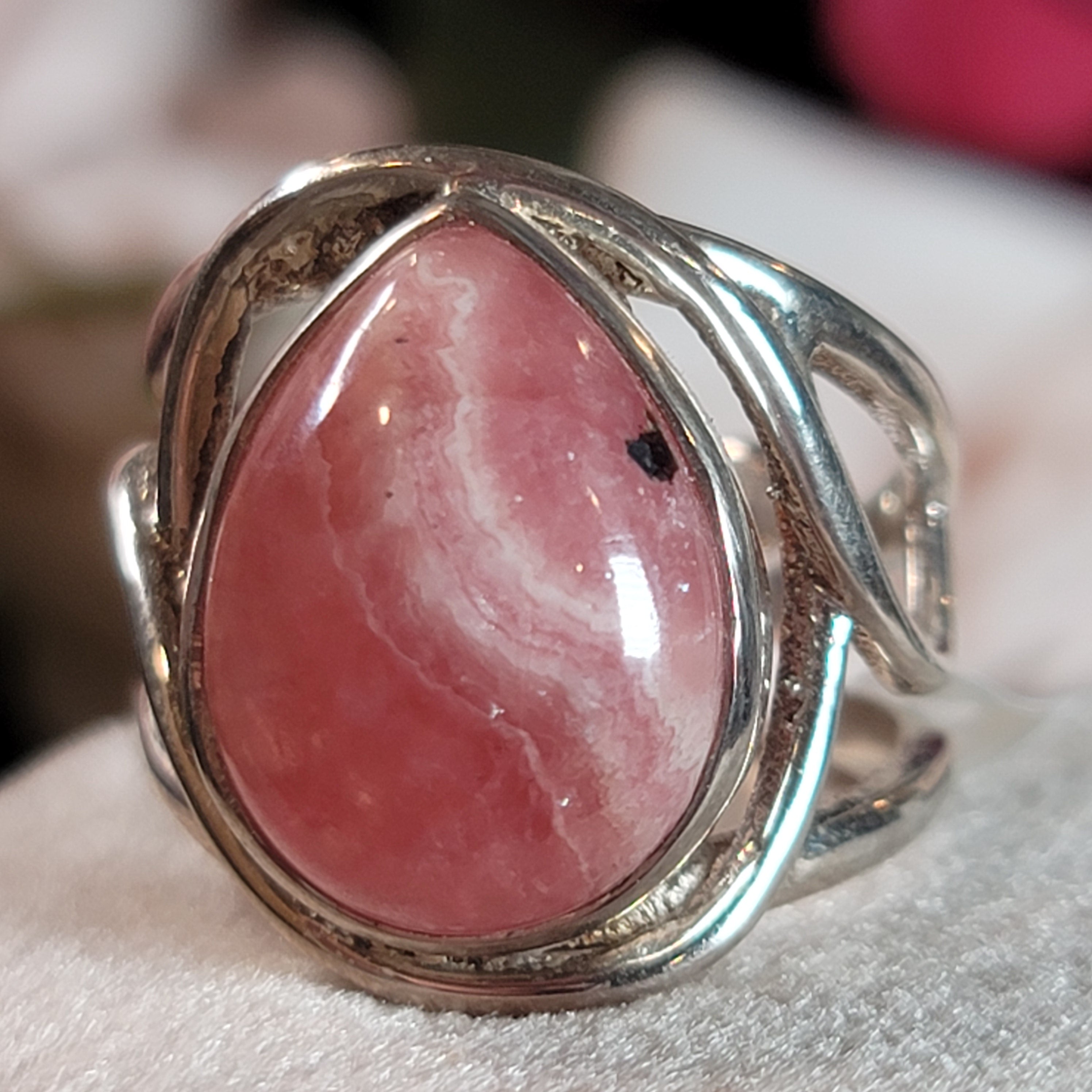 Rhodochrosite Adjustable Cuff Ring .925 Silver for Emotional and Trauma Healing