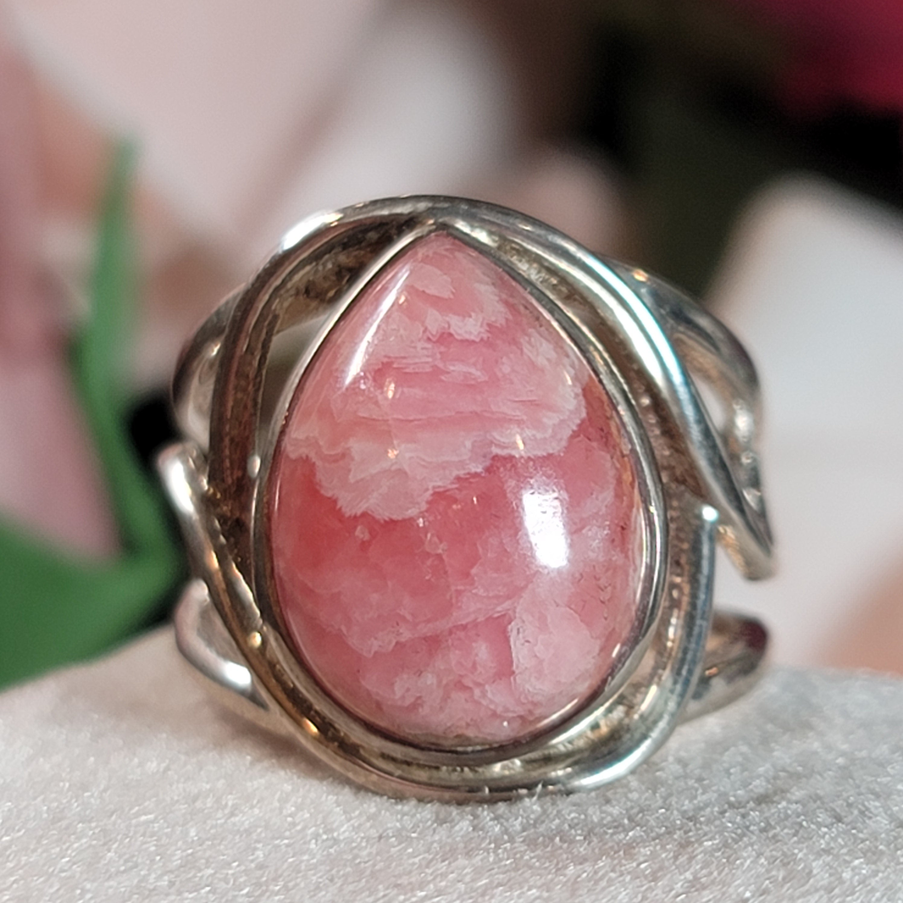 Rhodochrosite Adjustable Cuff Ring .925 Silver for Emotional and Trauma Healing