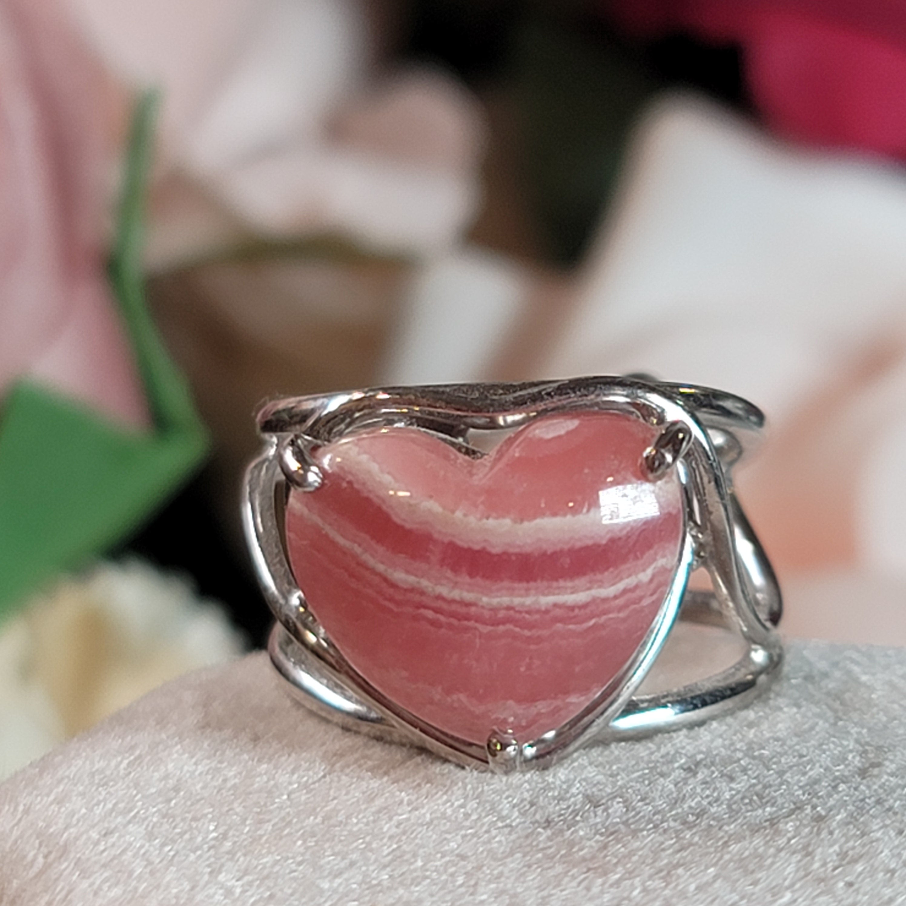 Rhodochrosite Heart Adjustable Finger Bracelet .925 Silver for Emotional and Trauma Healing