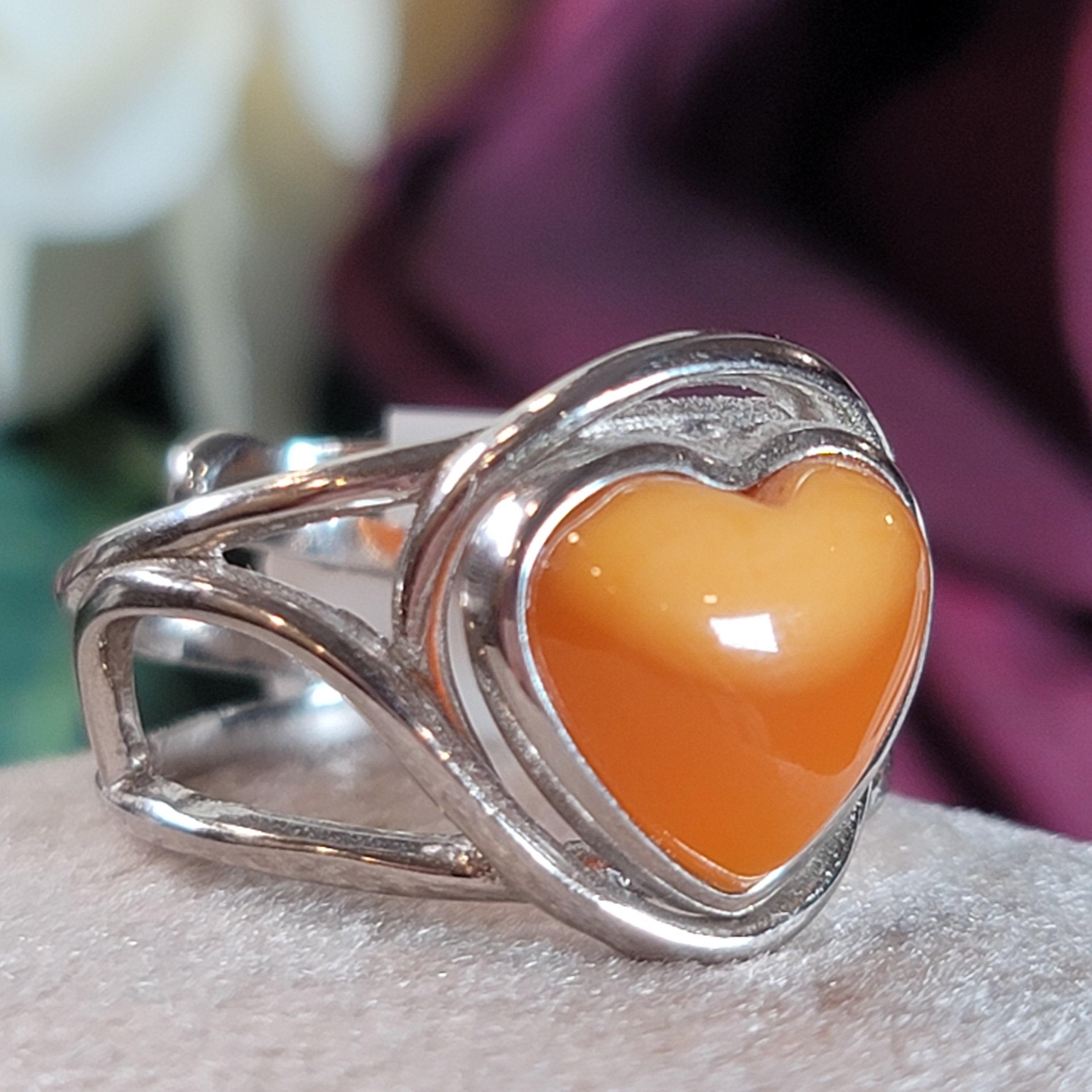 Baltic Butterscotch Amber Heart Finger Cuff Ring .925 Silver for Joy and Optimism