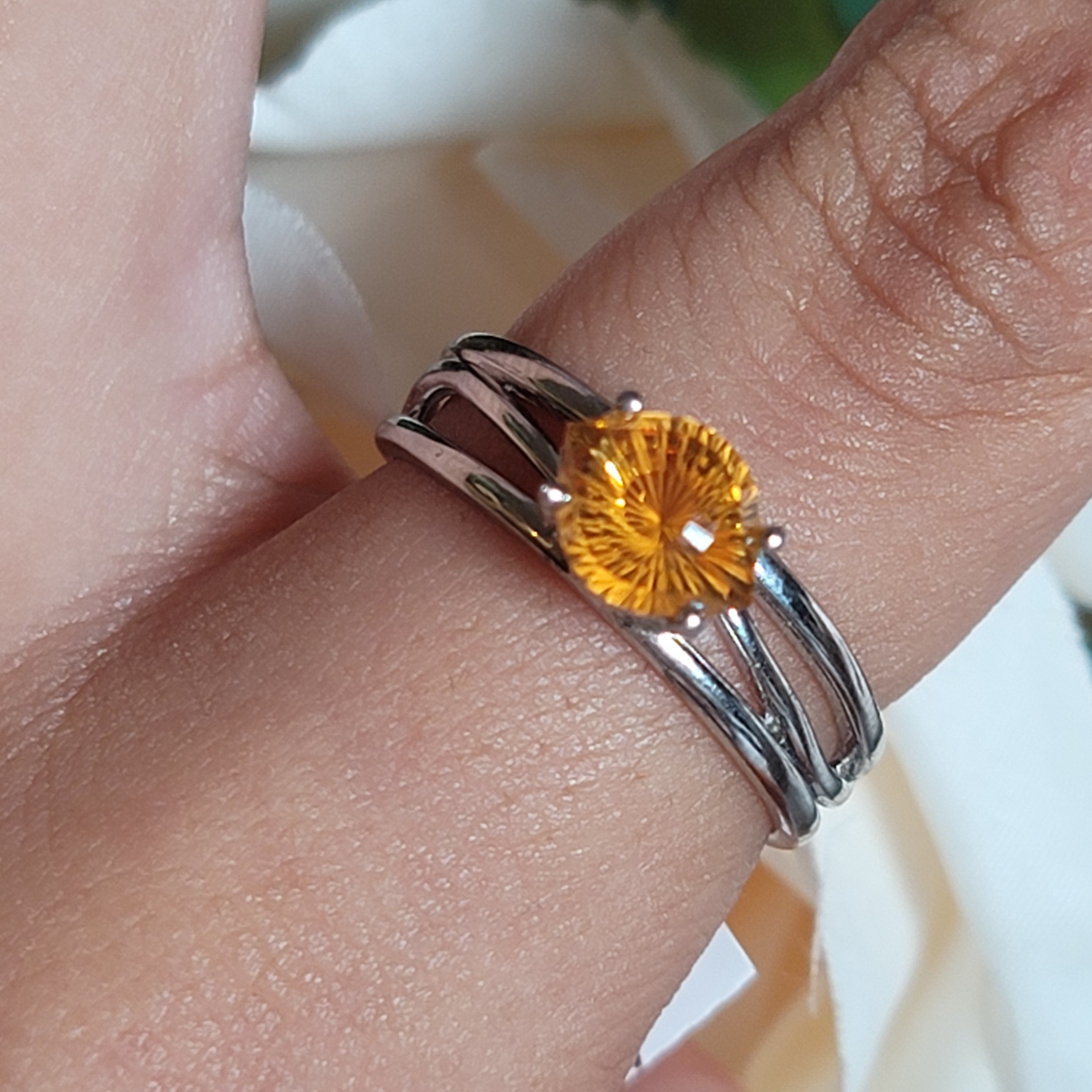 Citrine Evil Eye Adjustable Finger Cuff Ring .925 Silver for Abundance, Intuition, Luck and Protection