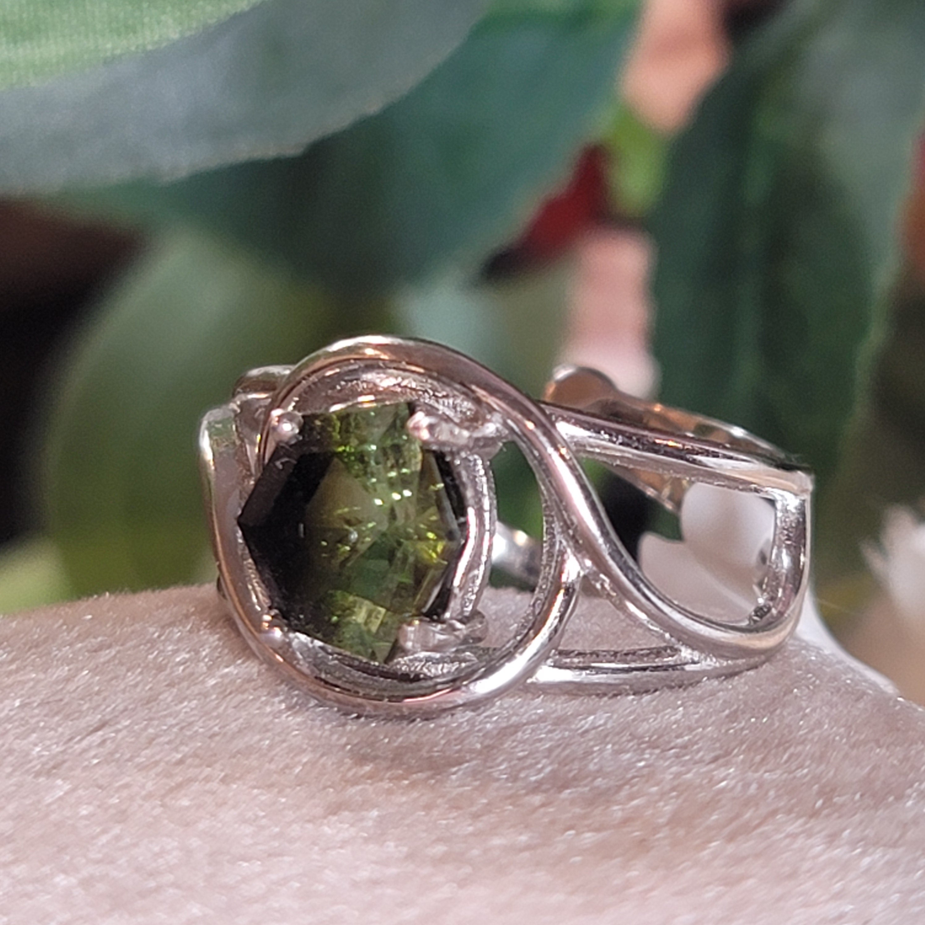 Green Bi-Color Hourglass Tourmaline Finger Cuff Adjustable Ring .925 Silver for Connecting with Nature, Flow of Energy & Strength