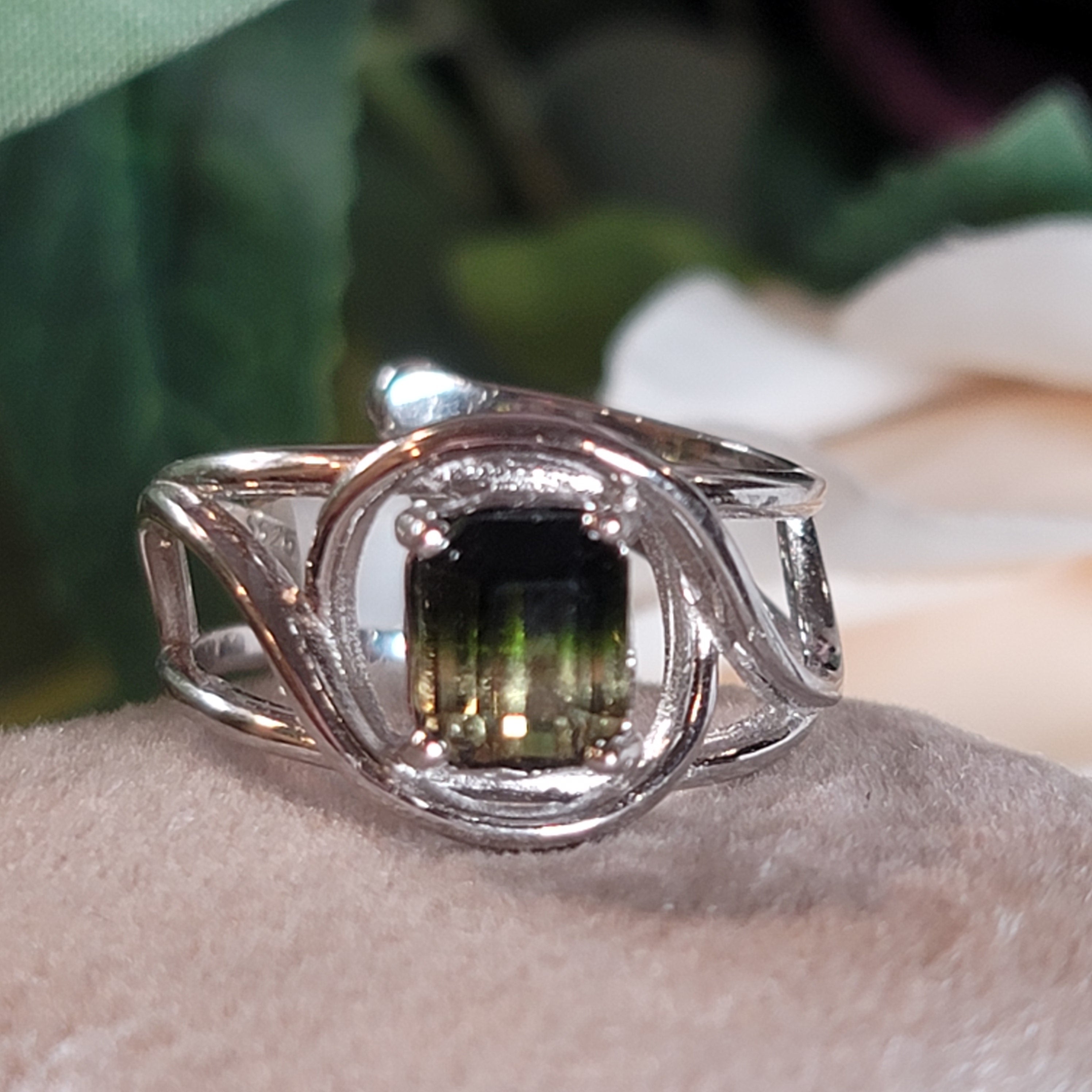 Bi-Color Tourmaline Cuff Adjustable Ring .925 Silver for Expression of the Heart, Joy & Self Healing