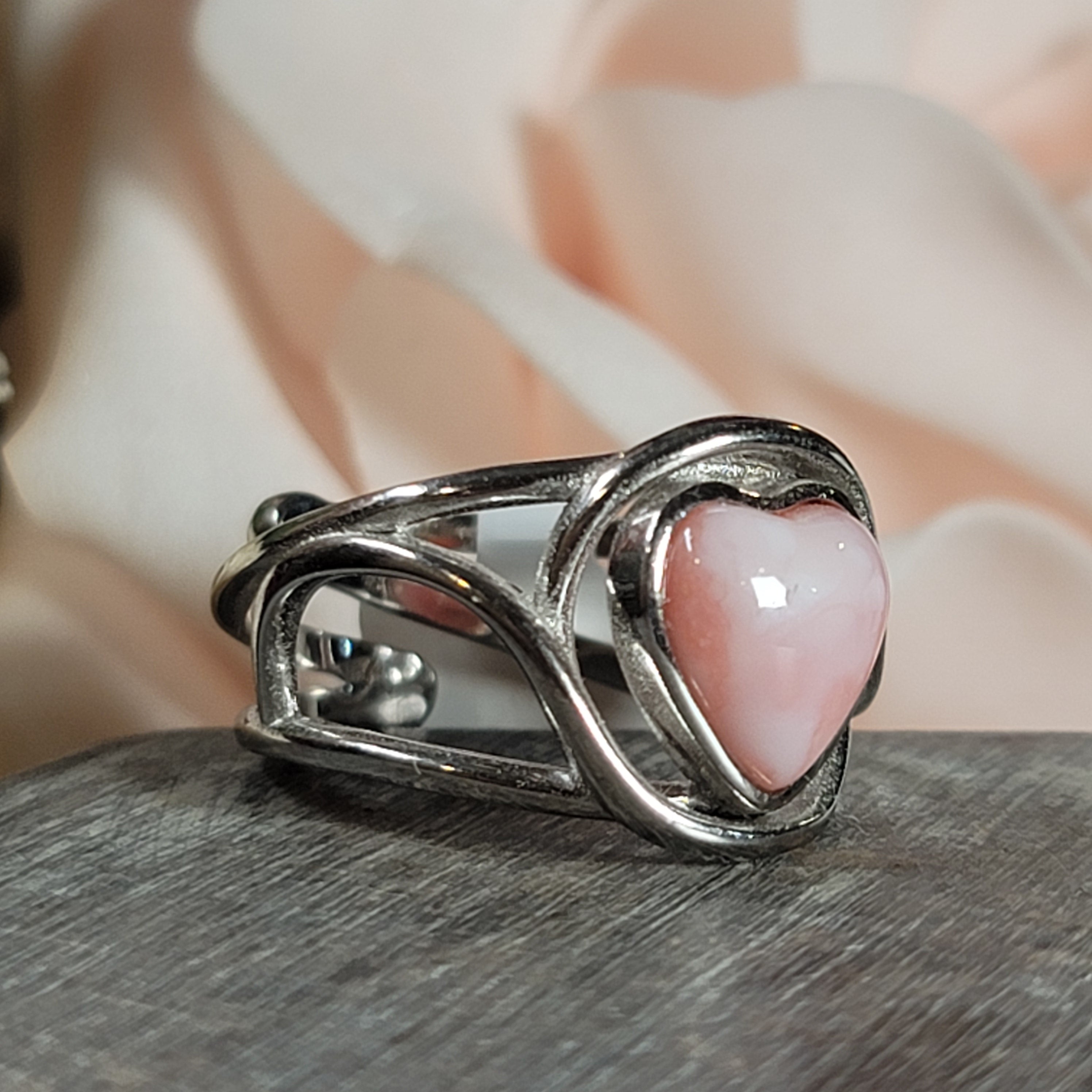 Peruvian Pink Opal Heart Cuff Ring.925 Silver for Love, Romance and Peace