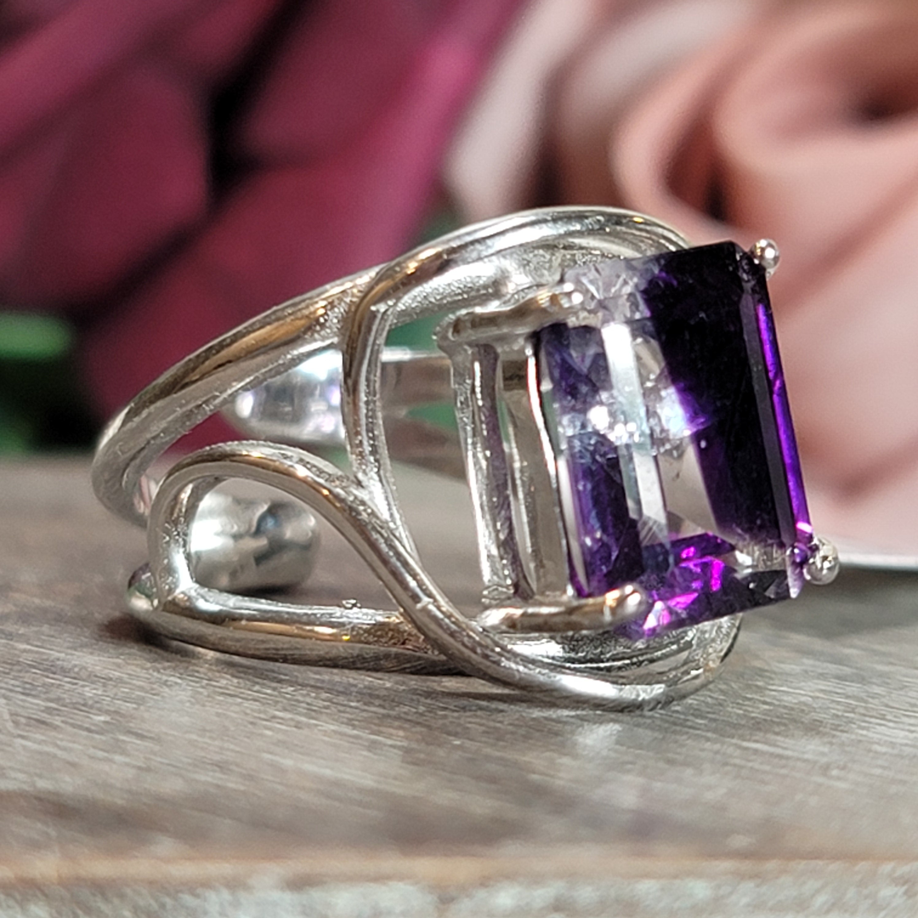 Bi-Color Amethyst Cuff Ring .925 Silver for Enhancing Intuition & Connection with Divine