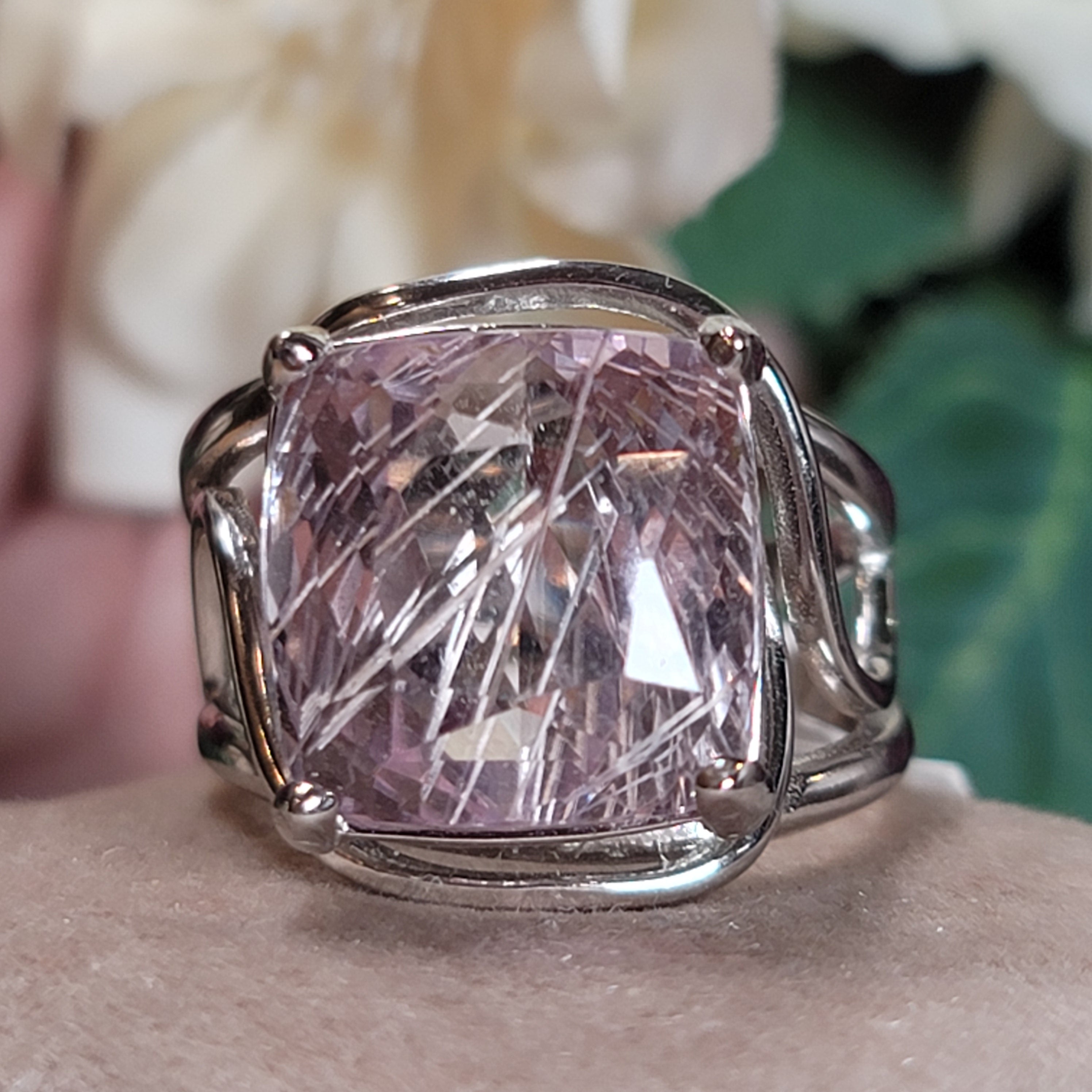 Rutilated Kunzite Adjustable Cuff Ring .925 Silver for Emotional Healing, Joy and Love