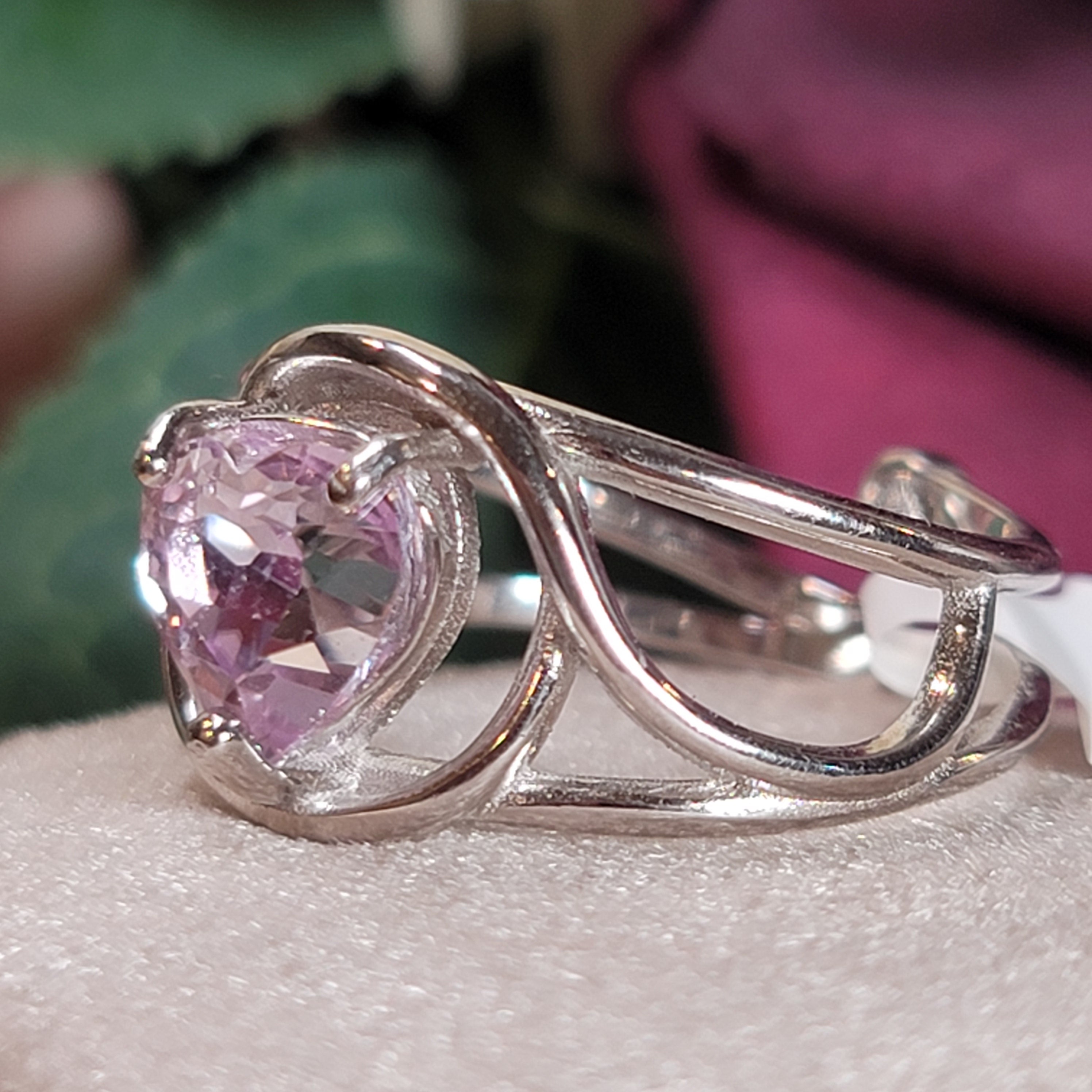 Kunzite Gem Grade Heart Adjustable Cuff Ring .925 Silver for Emotional Healing, Joy and Love