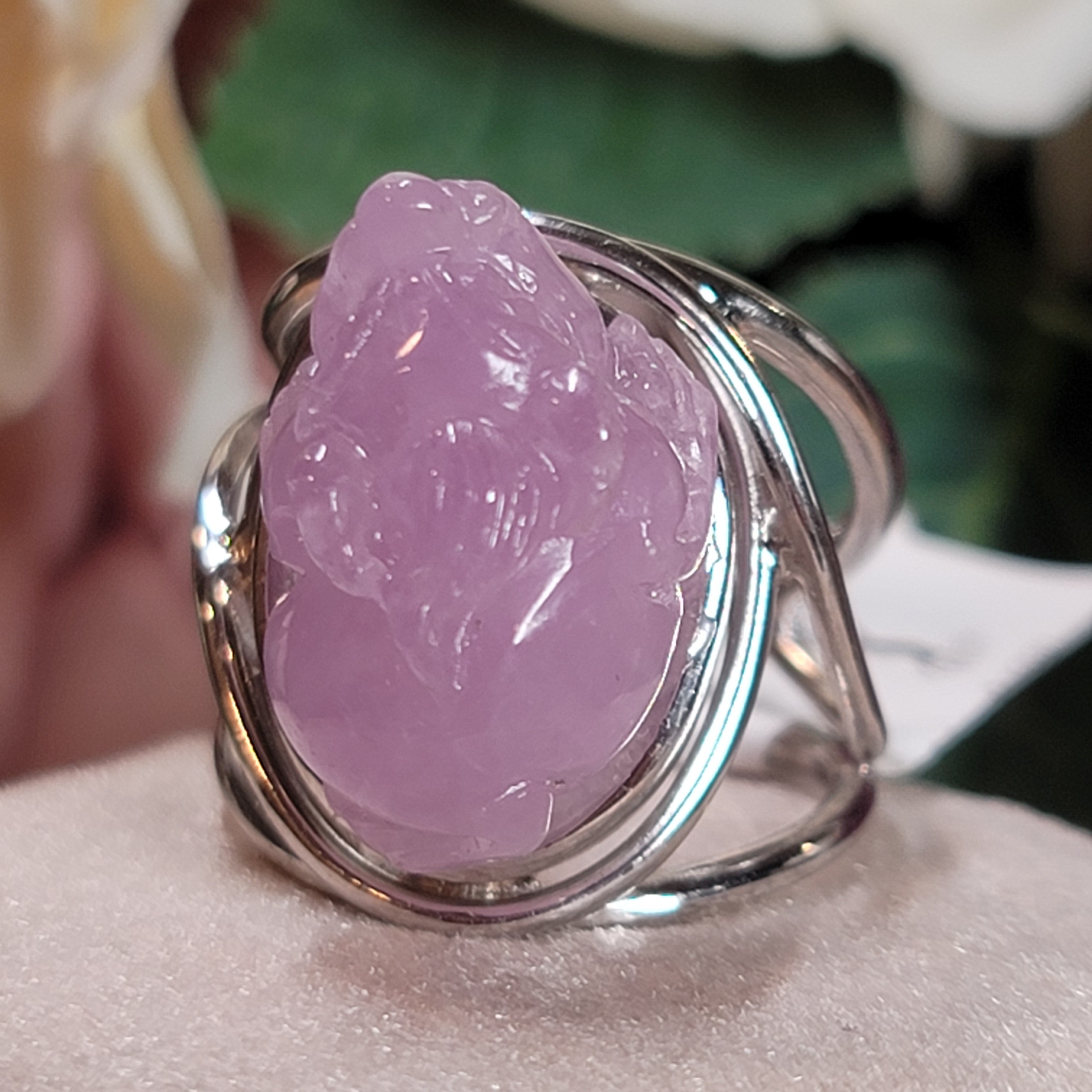 Kunzite Dragon Turtle Adjustable Cuff Ring .925 Silver for Emotional Healing, Joy and Love