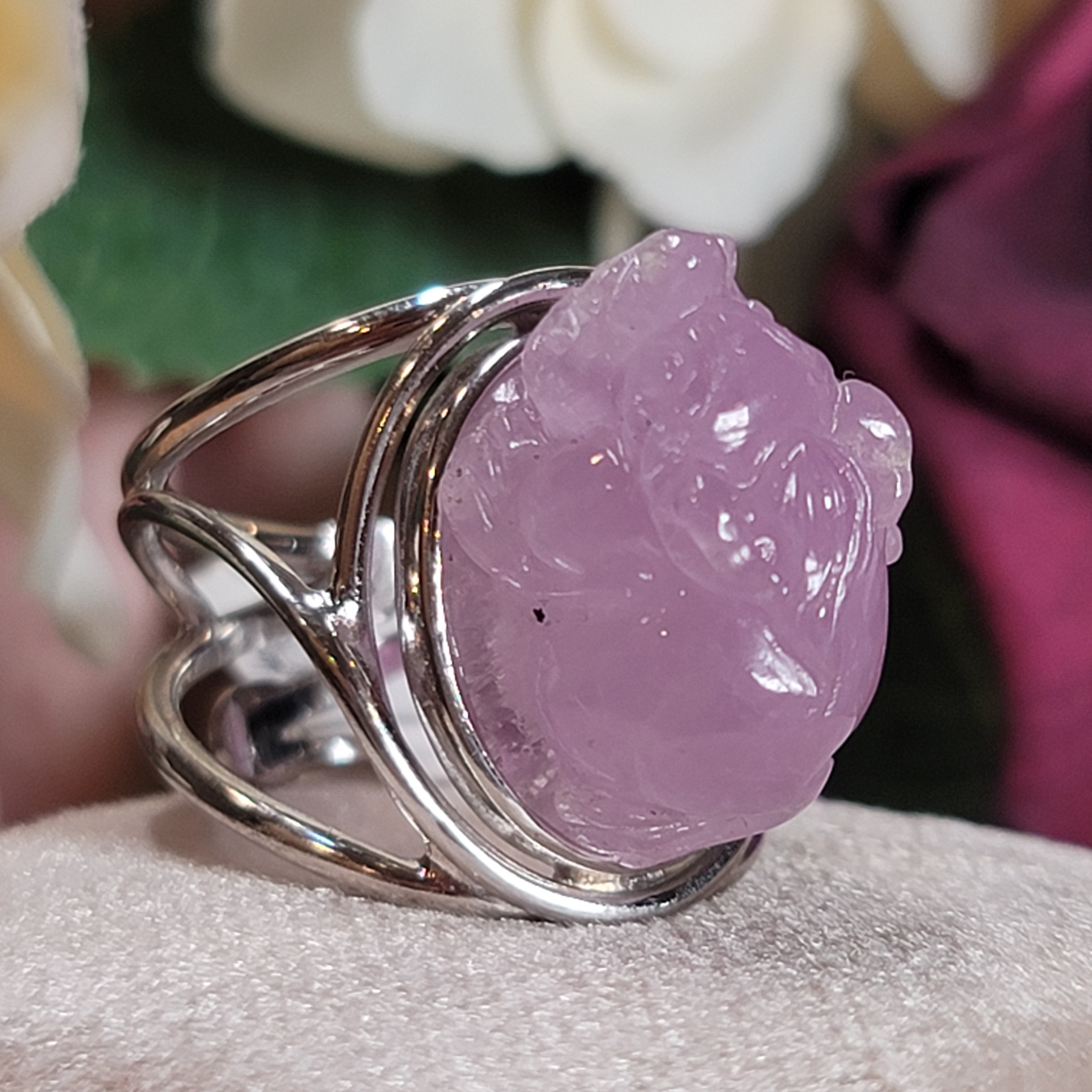 Kunzite Dragon Turtle Adjustable Cuff Ring .925 Silver for Emotional Healing, Joy and Love