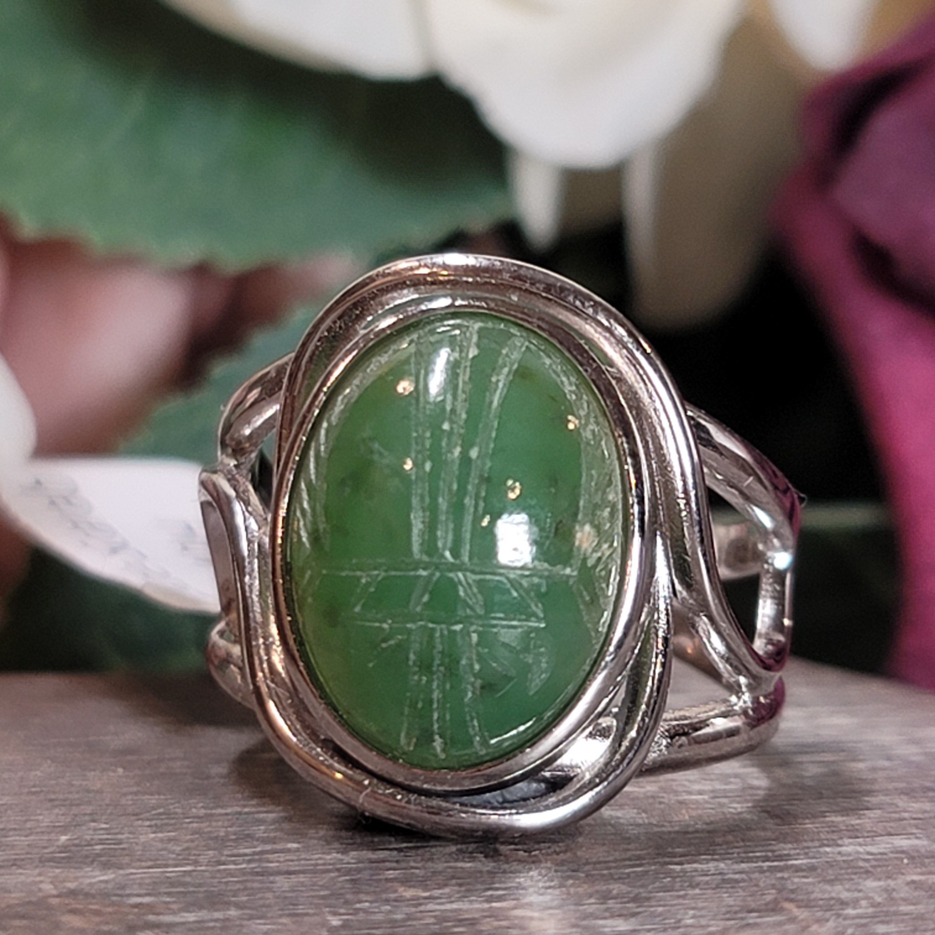 Jade Scarab Adjustable Cuff Ring .925 Silver for Abundance, Good Luck, Joy and Protection