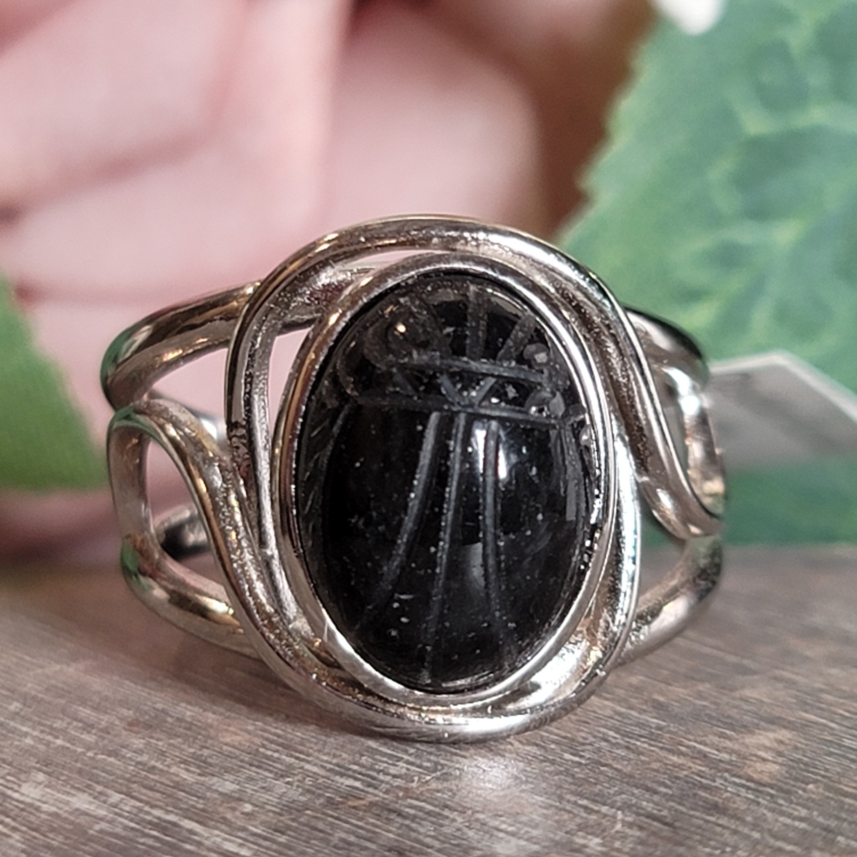 Black Obsidian Scarab Cuff Ring .925 Silver for Divine Guidance and Protection