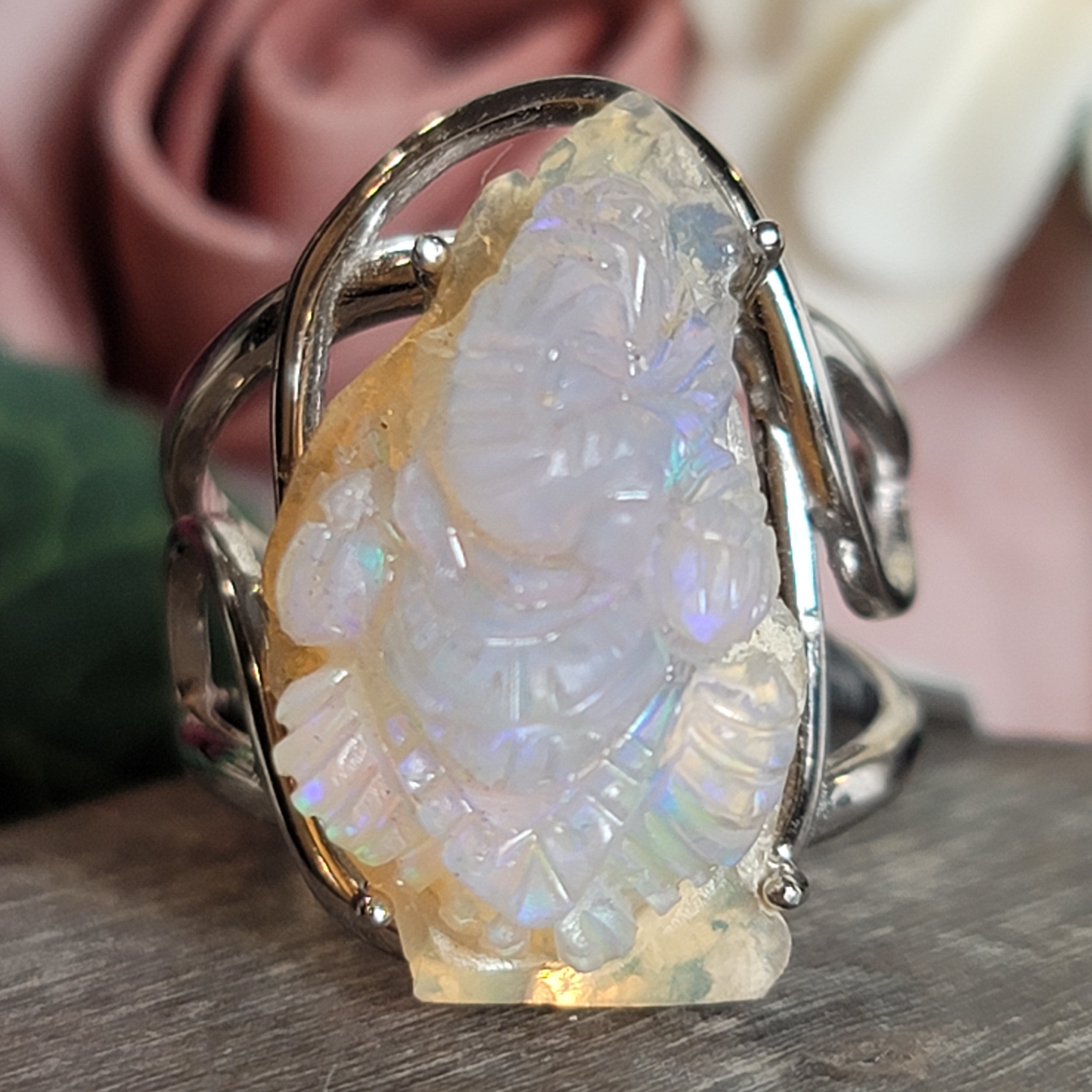 Ethiopian Opal Ganesha Cuff Ring .925 Silver for Good Luck, Transformation and Joy