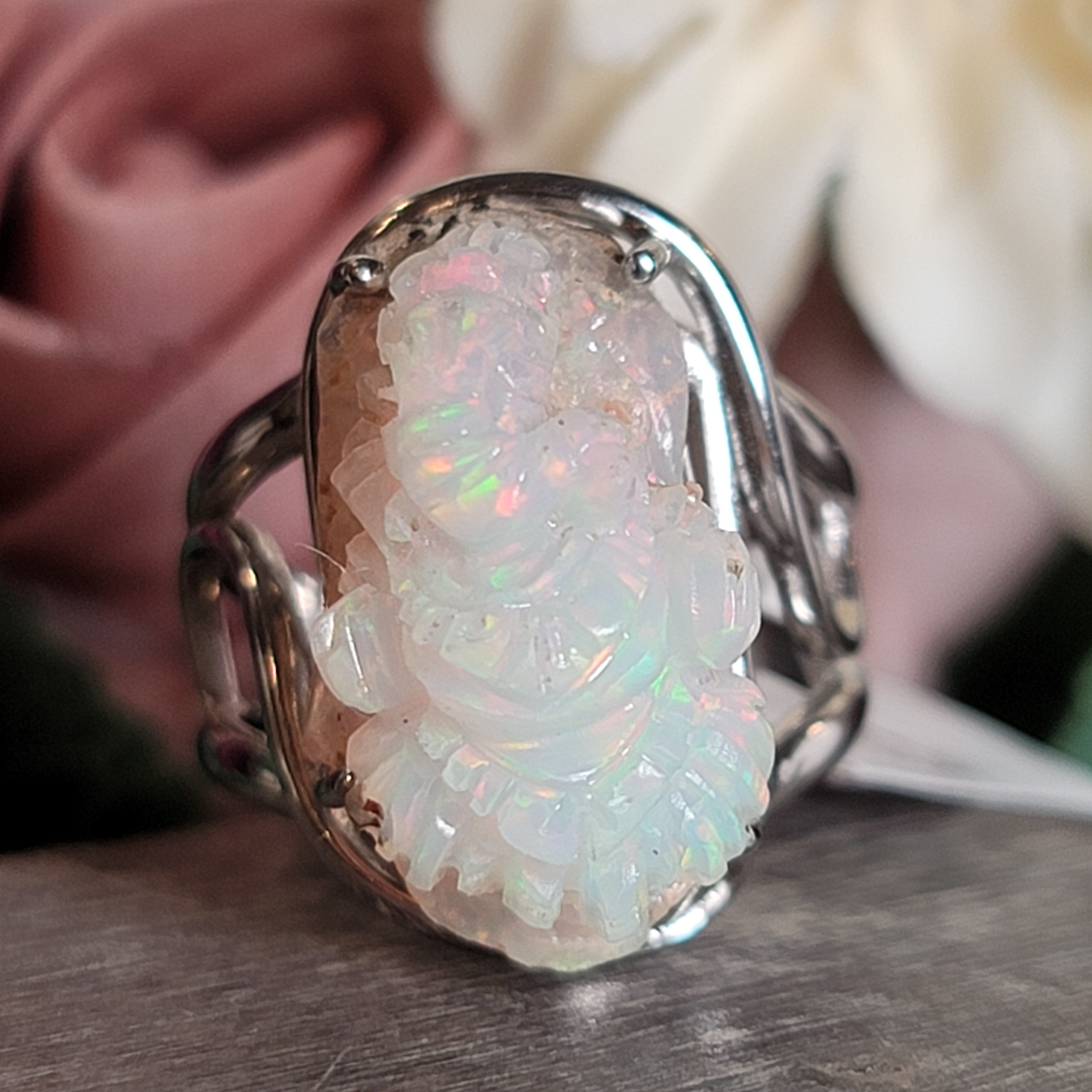 Ethiopian Opal Ganesha Cuff Ring .925 Silver for Good Luck, Transformation and Joy