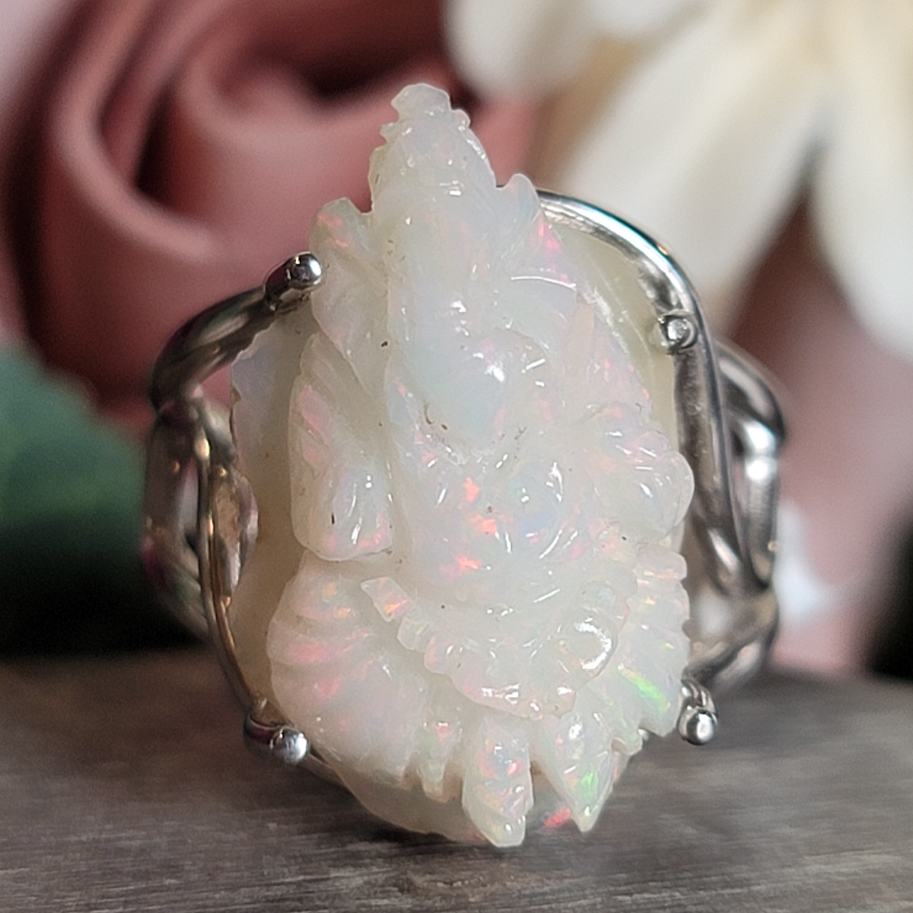 Ethiopian Opal Ganesha Cuff Ring .925 Silver for Good Luck, Transformation and Joy