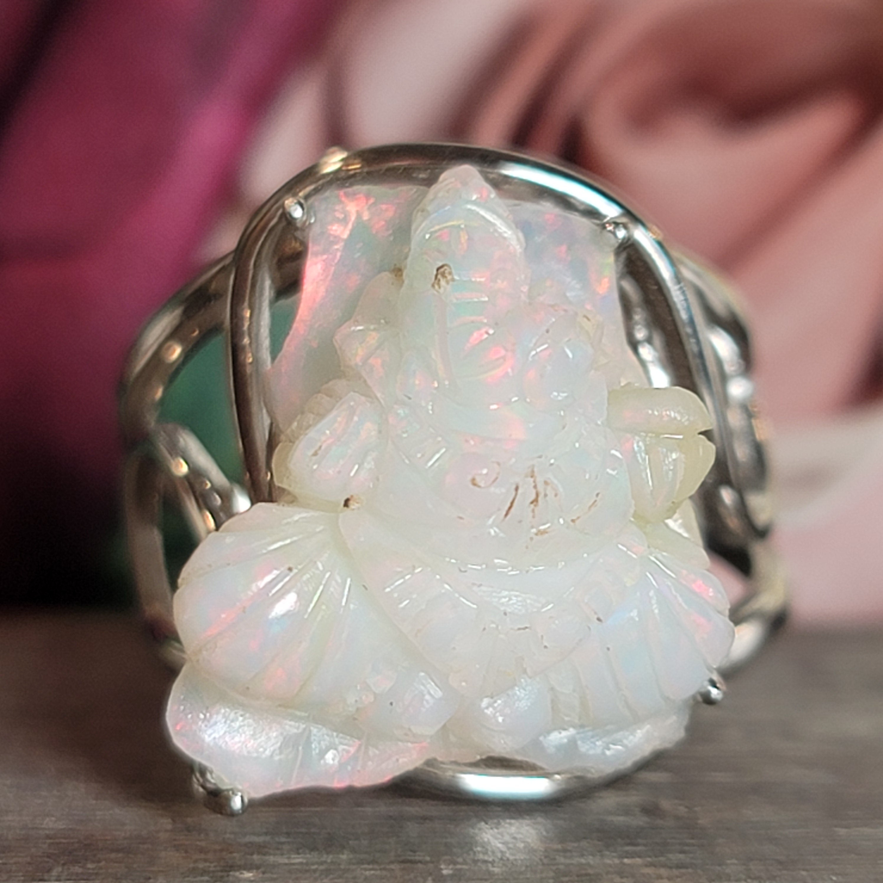 Ethiopian Opal Ganesha Cuff Ring .925 Silver for Good Luck, Transformation and Joy