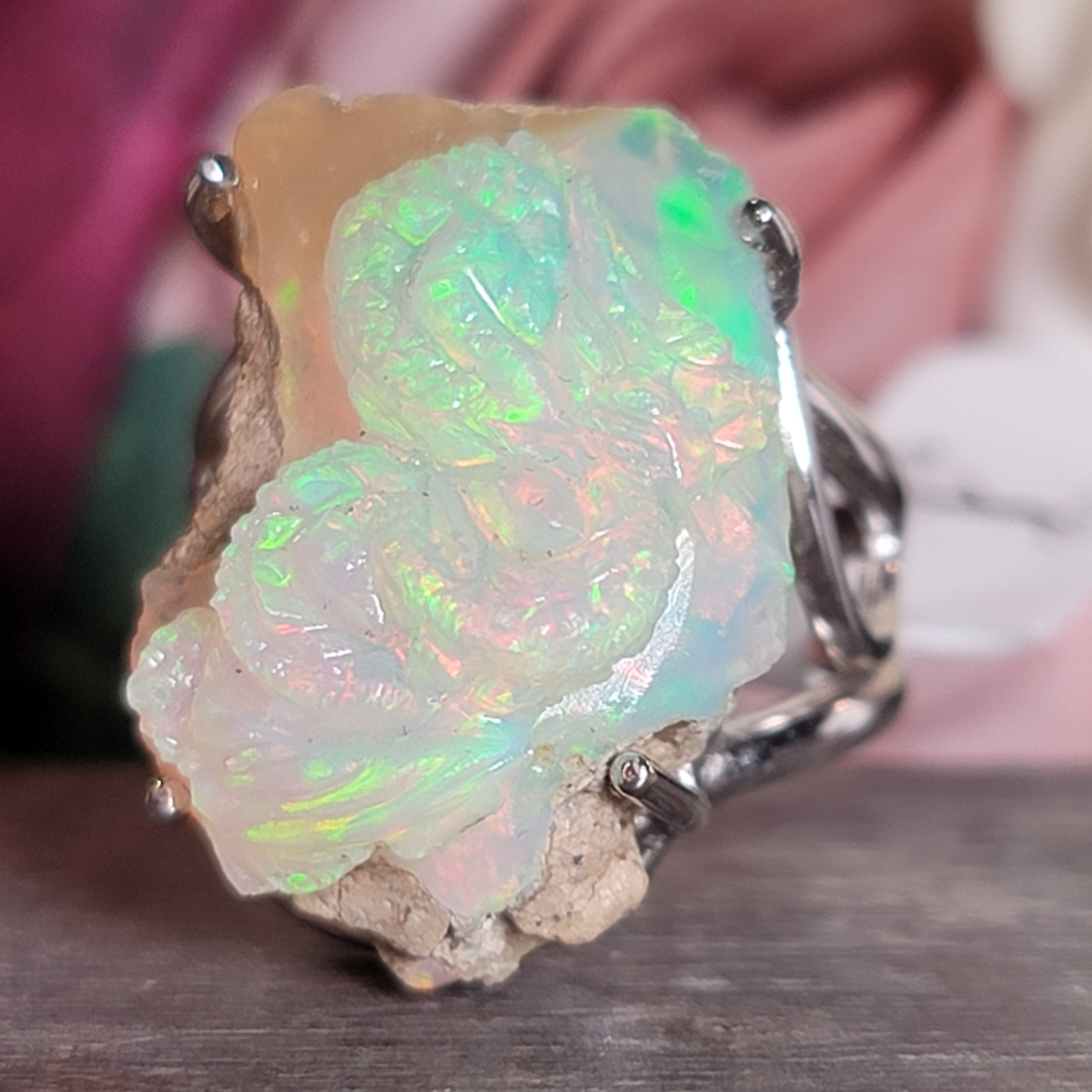 Ethiopian Opal Ganesha Cuff Ring .925 Silver for Good Luck, Transformation and Joy