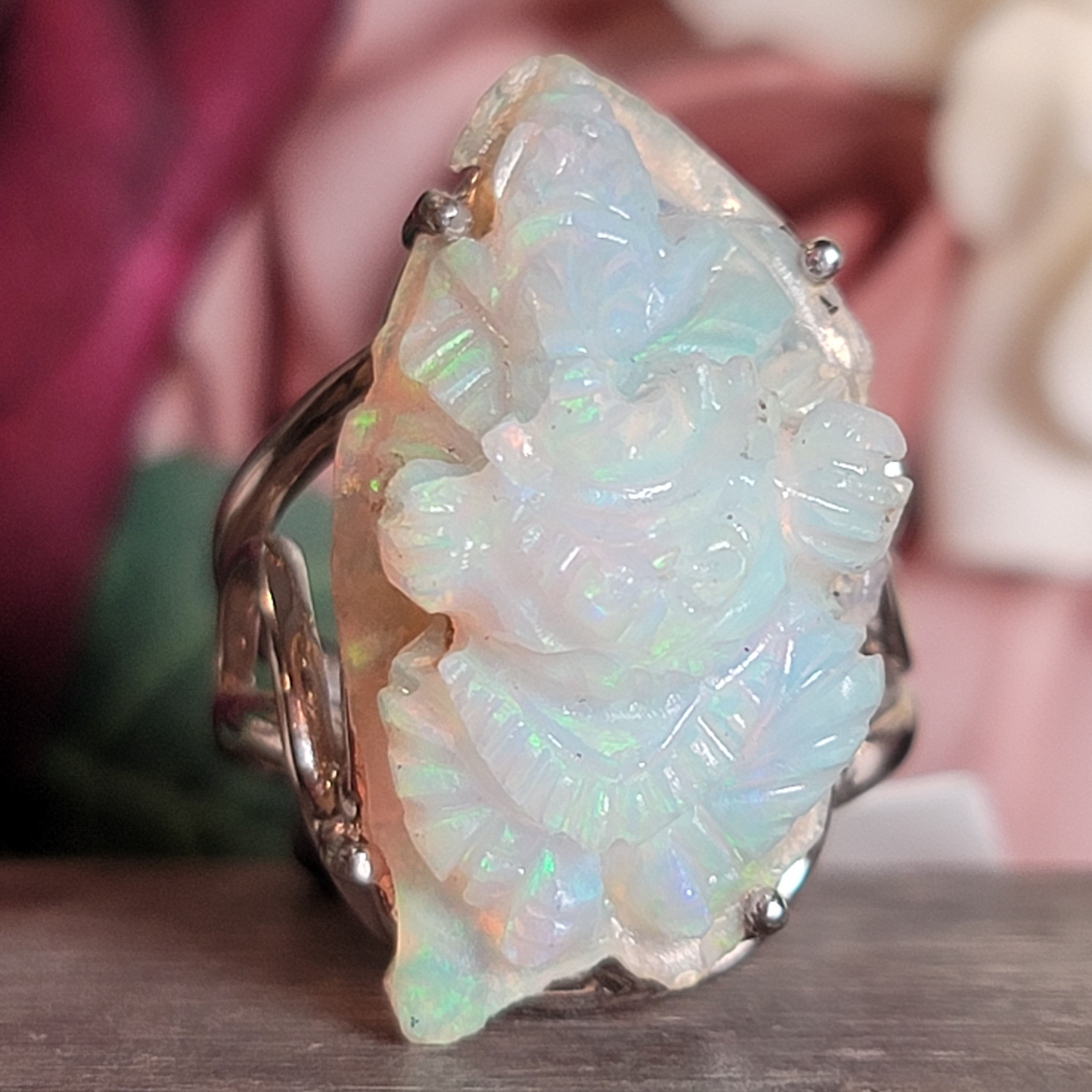 Ethiopian Opal Ganesha Cuff Ring .925 Silver for Good Luck, Transformation and Joy